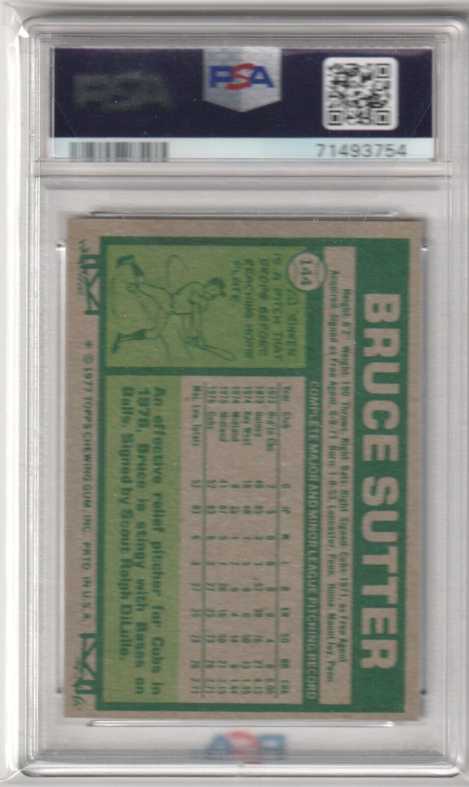 BRUCE SUTTER 1977 Topps RC Rookie #144 PSA 8 NM - MT - CUBS CARDINALS - Columbia Hobby - Sports Card Boxes - Toploaders - Card Savers
