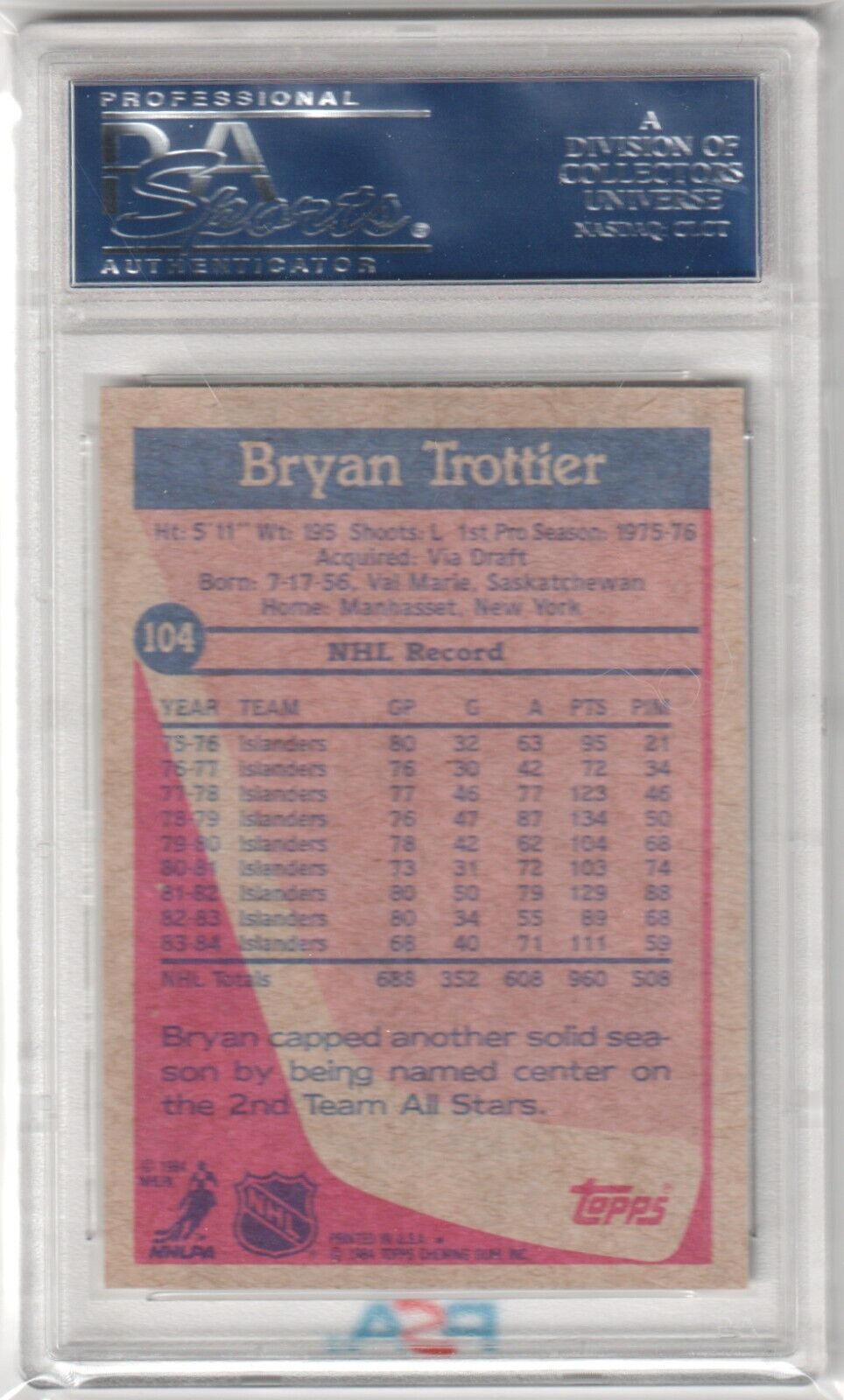 BRYAN TROTTIER 1984 - 85 Topps #104 PSA 9 MINT - ISLANDERS - Columbia Hobby - Sports Card Boxes - Toploaders - Card Savers