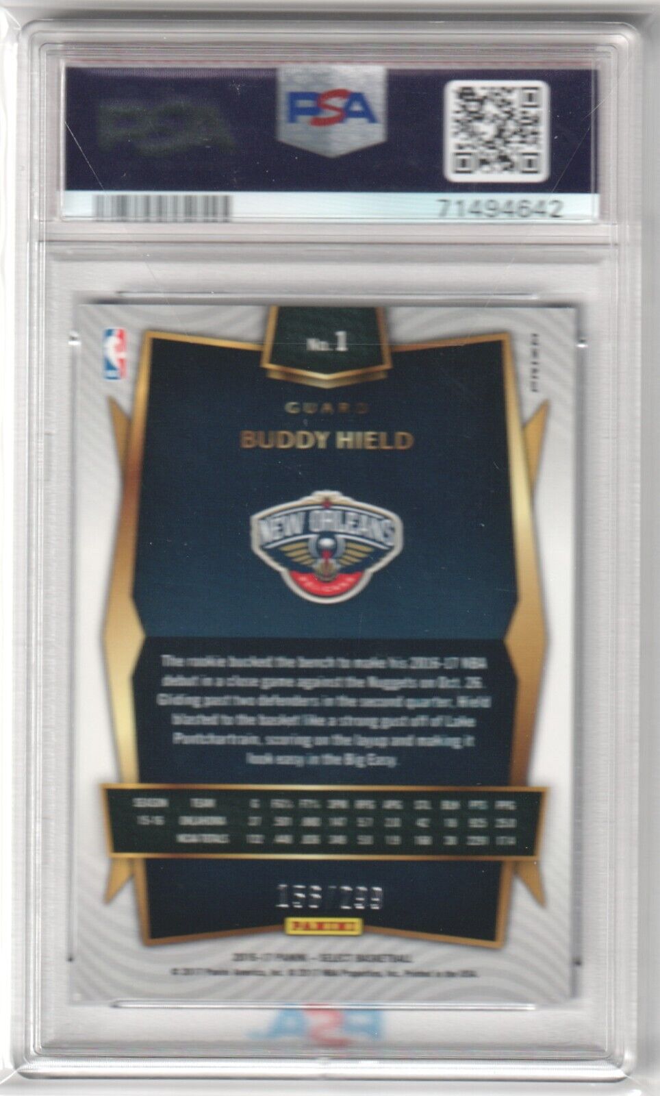 BUDDY HIELD 2016 - 17 Panini Select Blue Prizm RC Rookie #1 SP #/299 PSA 8 NM - MT - Columbia Hobby - Sports Card Boxes - Toploaders - Card Savers