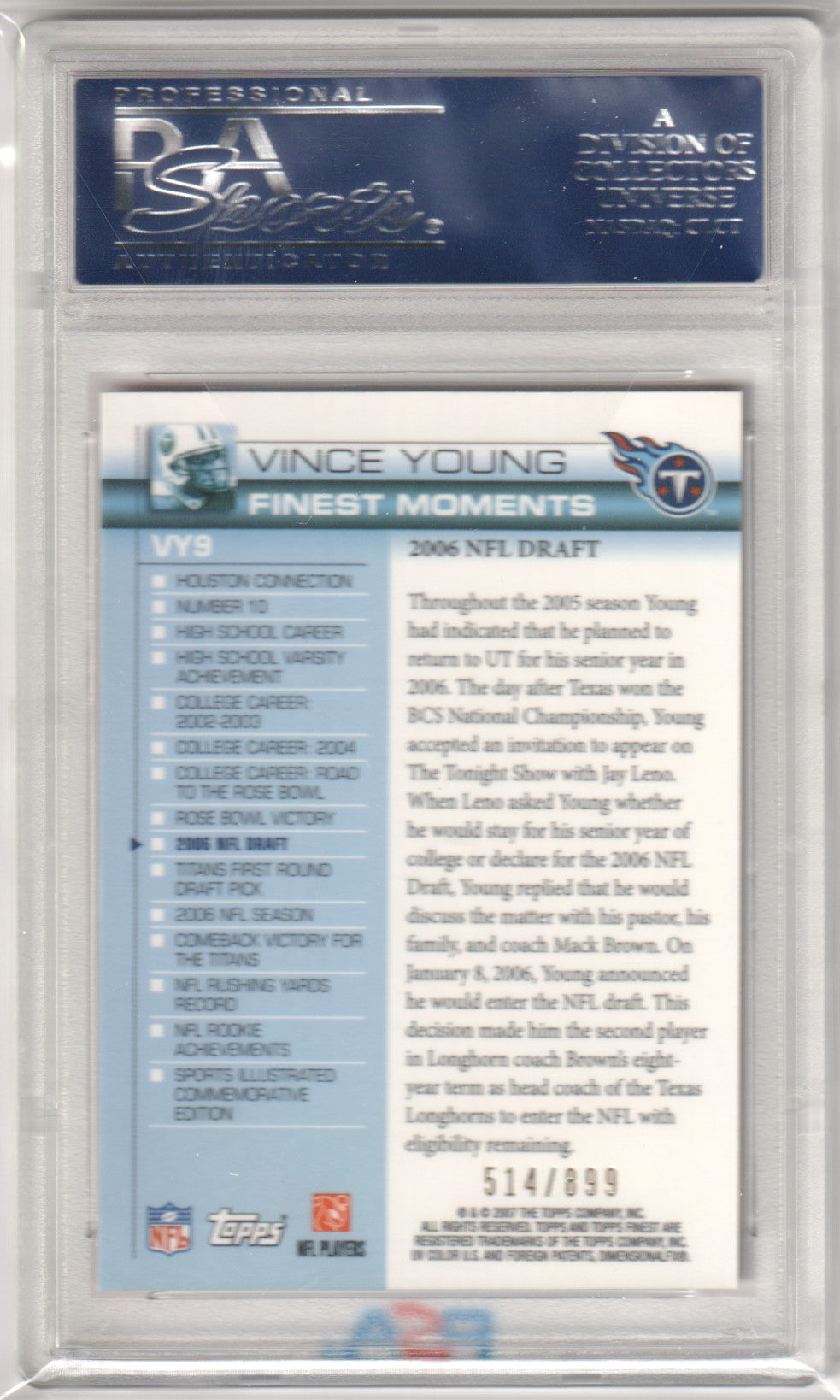 VINCE YOUNG 2007 Topps FinestMoments #VY9 PSA 10 GEM MINT - Pop 1