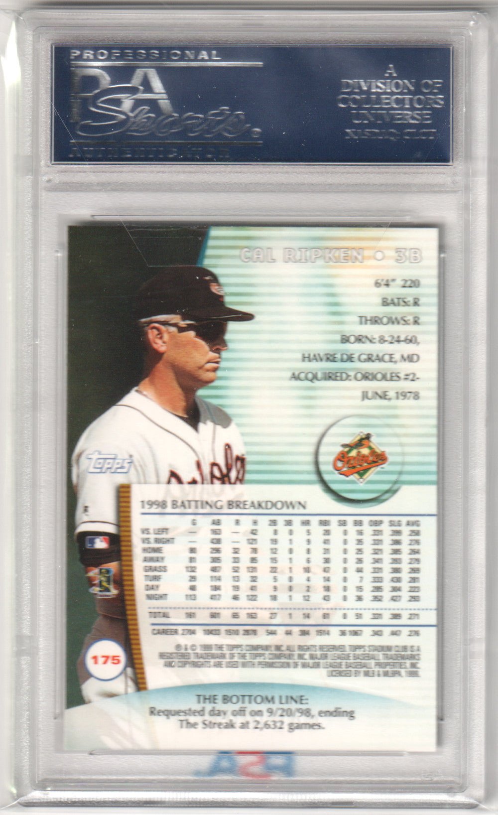 CAL RIPKEN JR. 1999 Topps Stadium Club 175 PSA 10 GEM MINT - ORIOLES - Columbia Hobby - Sports Card Boxes - Toploaders - Card Savers