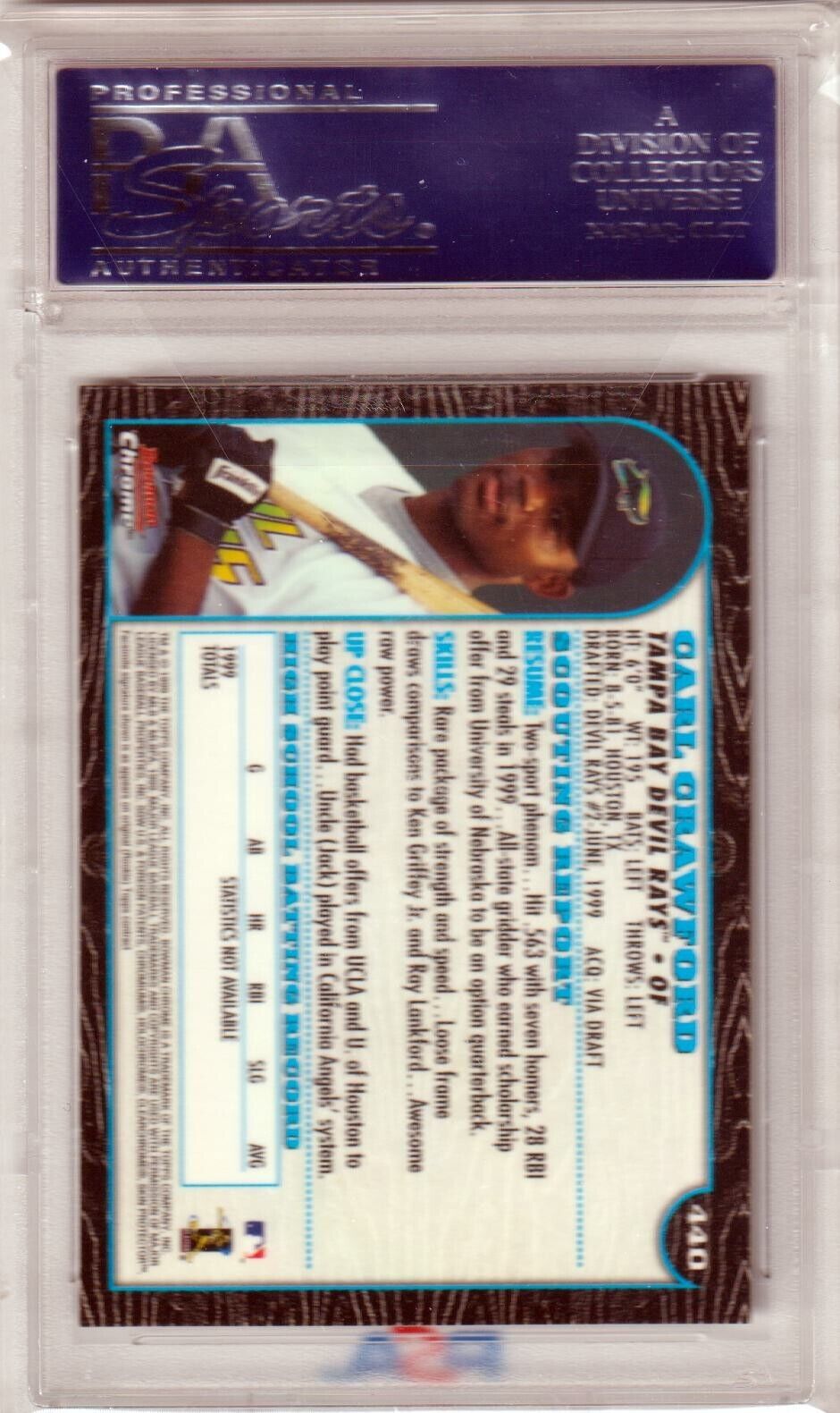 CARL CRAWFORD 1999 Bowman Chrome RC Rookie #440 PSA 10 GEM MINT - RAYS - Columbia Hobby - Sports Card Boxes - Toploaders - Card Savers