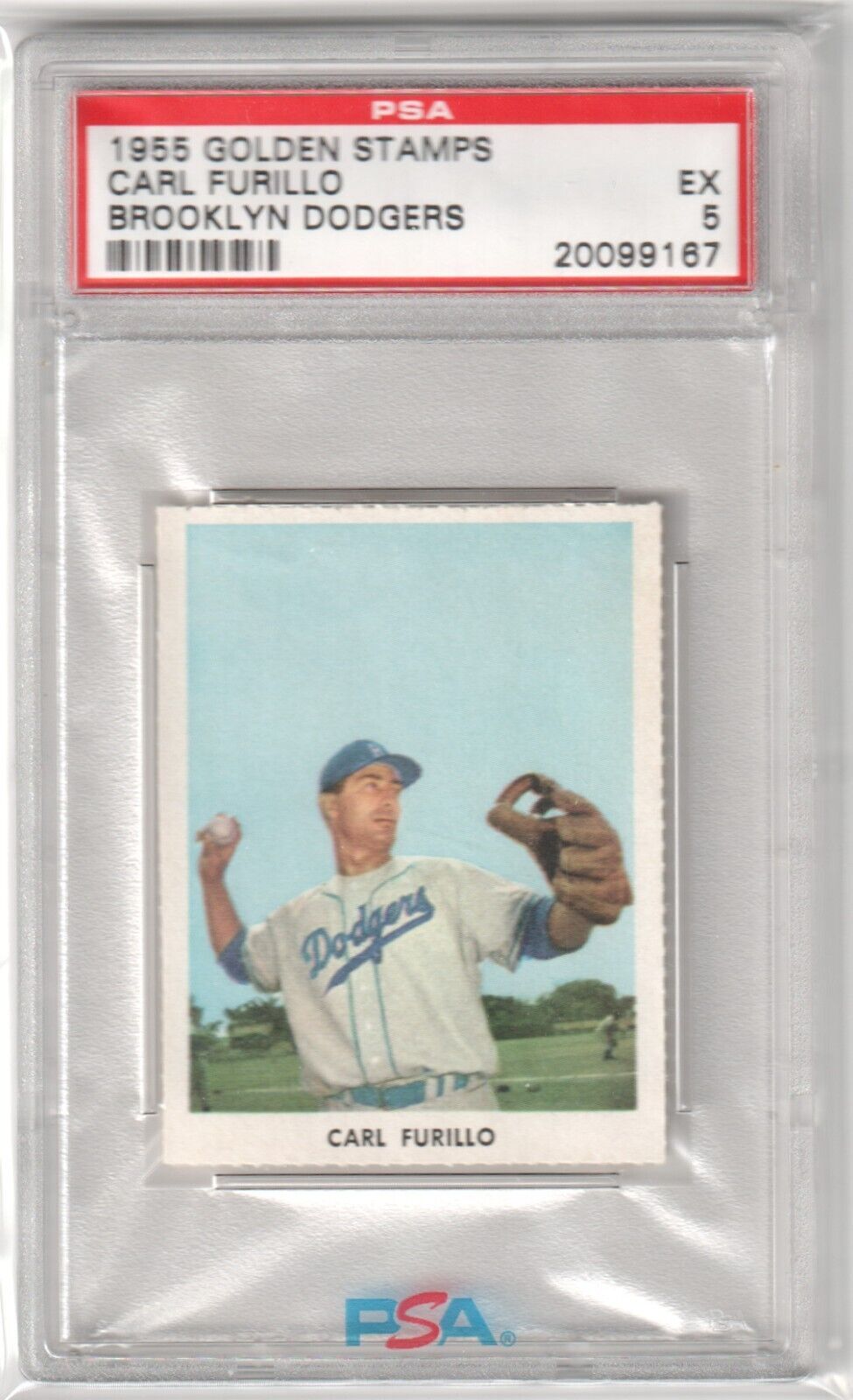 CARL FURILLO 1955 Golden Stamps PSA 5 EX - BROOKLYN DODGERS - Columbia Hobby - Sports Card Boxes - Toploaders - Card Savers