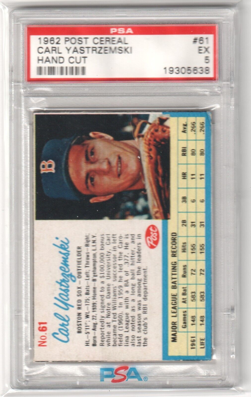 CARL YASTRZEMSKI 1962 Post Cereal #61 PSA 5 EX - RED SOX - Columbia Hobby - Sports Card Boxes - Toploaders - Card Savers