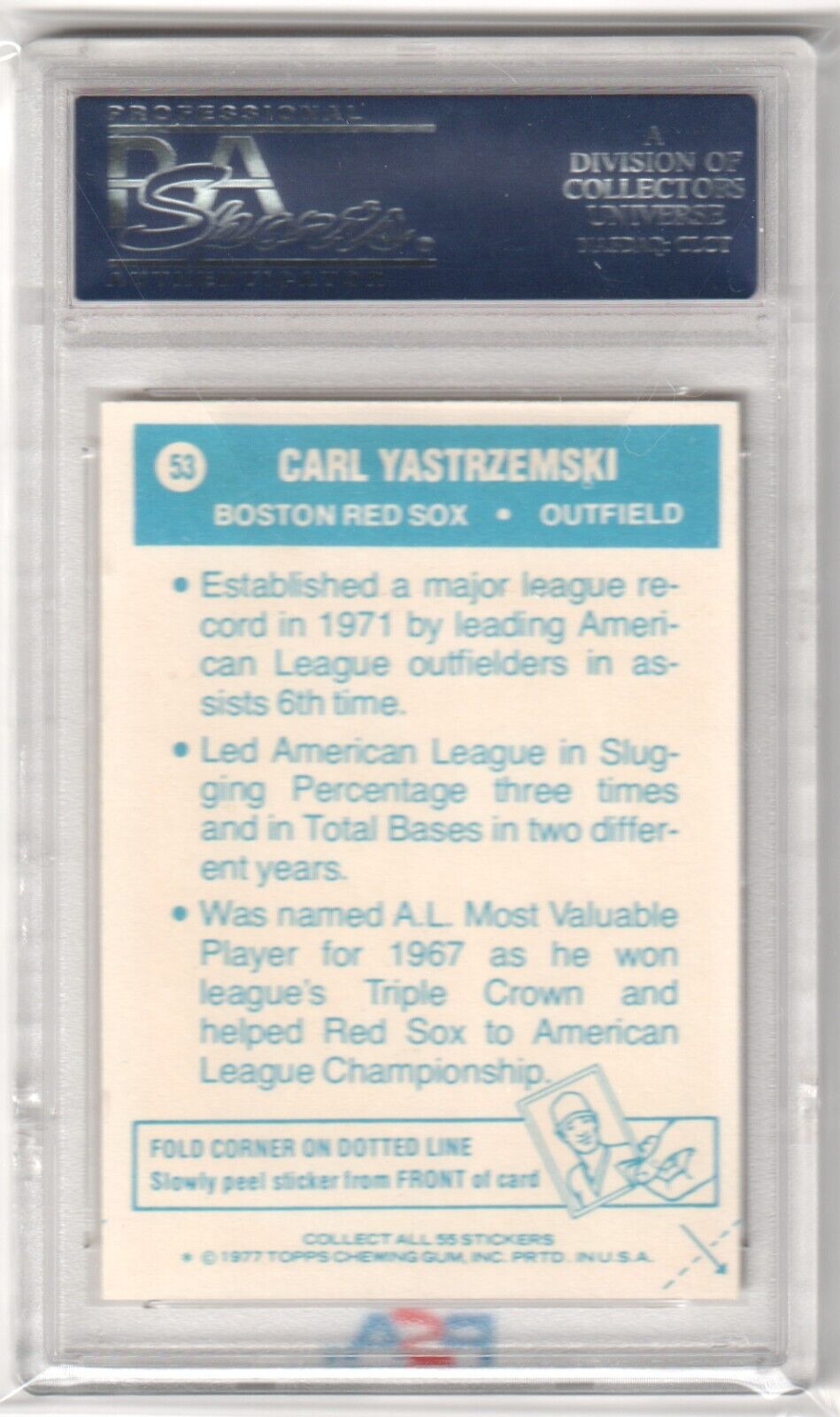 CARL YASTRZEMSKI 1977 Topps Cloth Stickers #53 PSA 8 NM - MT - RED SOX - Columbia Hobby - Sports Card Boxes - Toploaders - Card Savers