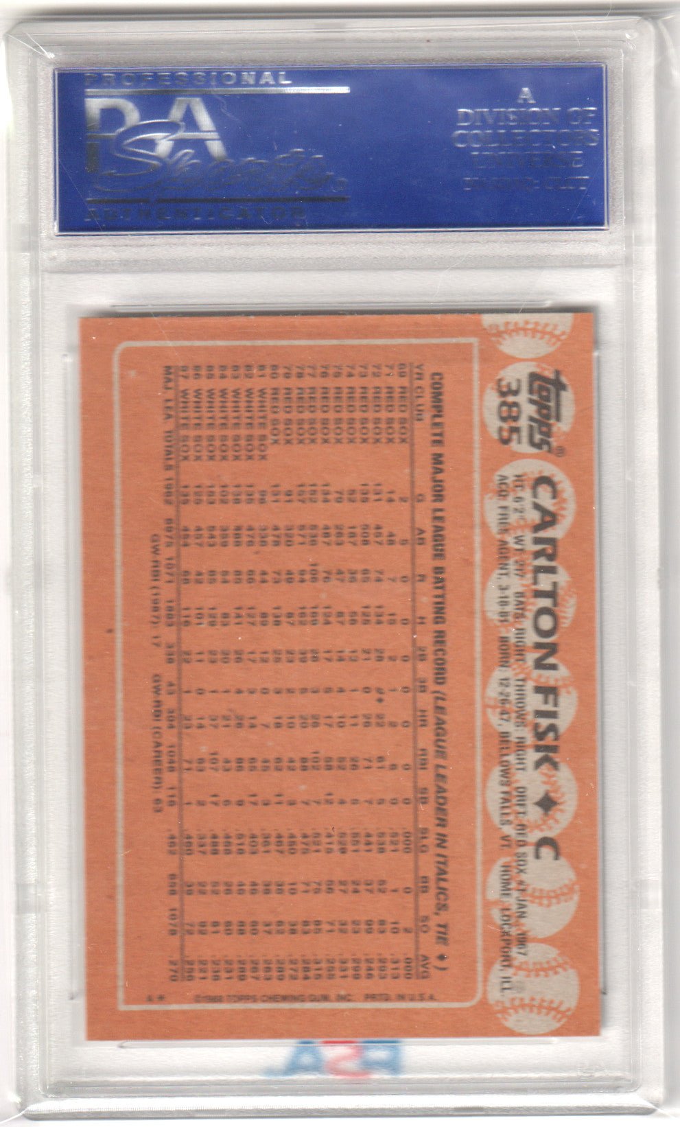 CARLTON FISK 1988 Topps 385 PSA 10 GEM MINT - WHITE SOX - Columbia Hobby - Sports Card Boxes - Toploaders - Card Savers