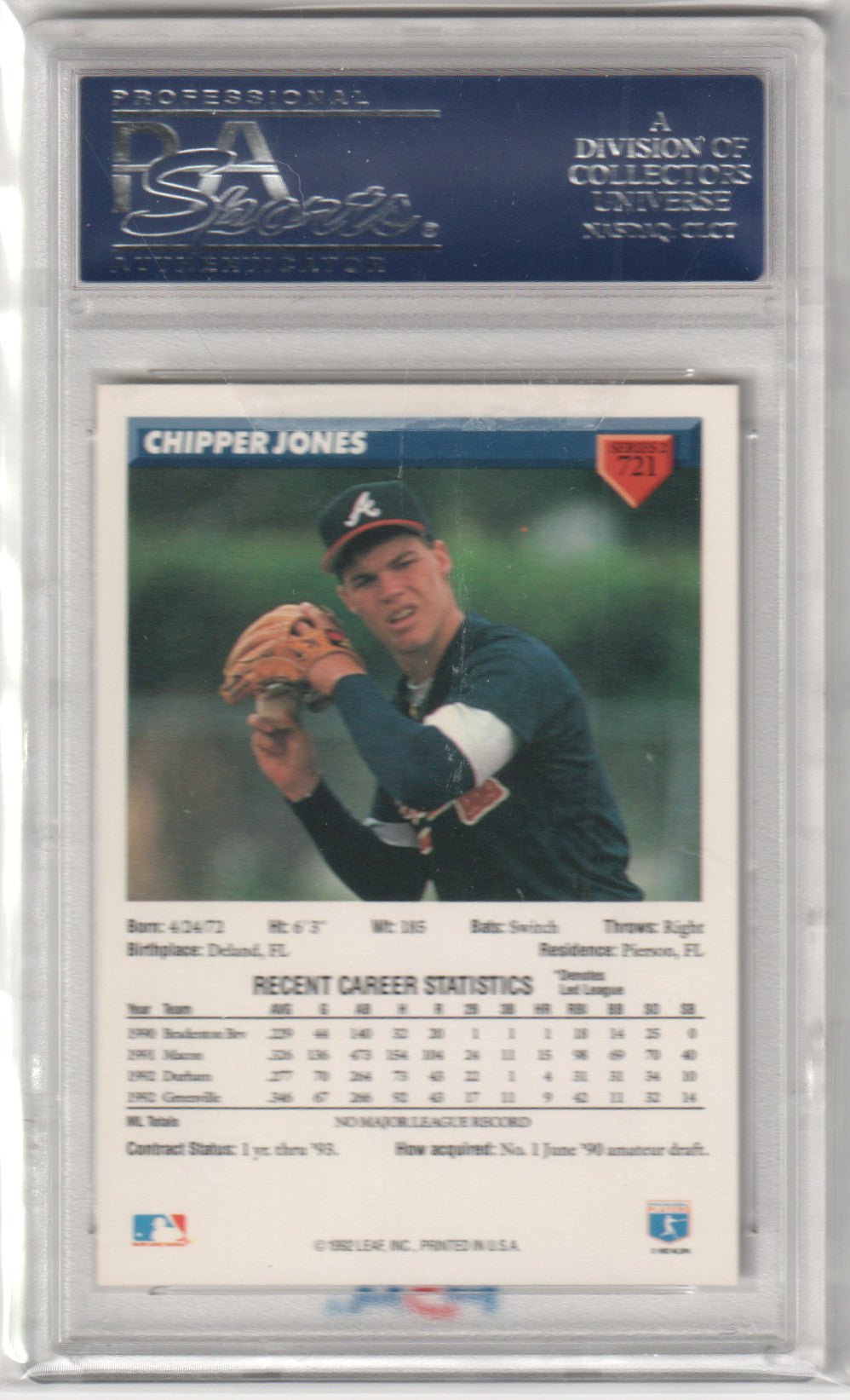 CHIPPER JONES 1993 Donruss RC Rookie #721 PSA 10 GEM MINT - BRAVES - Columbia Hobby - Sports Card Boxes - Toploaders - Card Savers