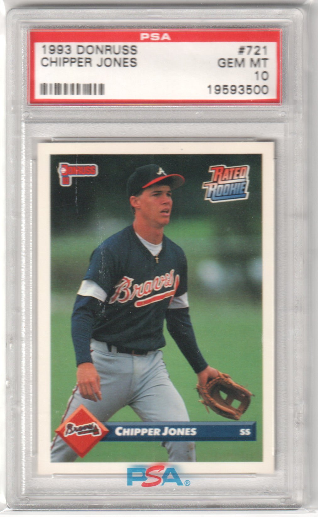 CHIPPER JONES 1993 Donruss RC Rookie #721 PSA 10 GEM MINT - BRAVES - Columbia Hobby - Sports Card Boxes - Toploaders - Card Savers