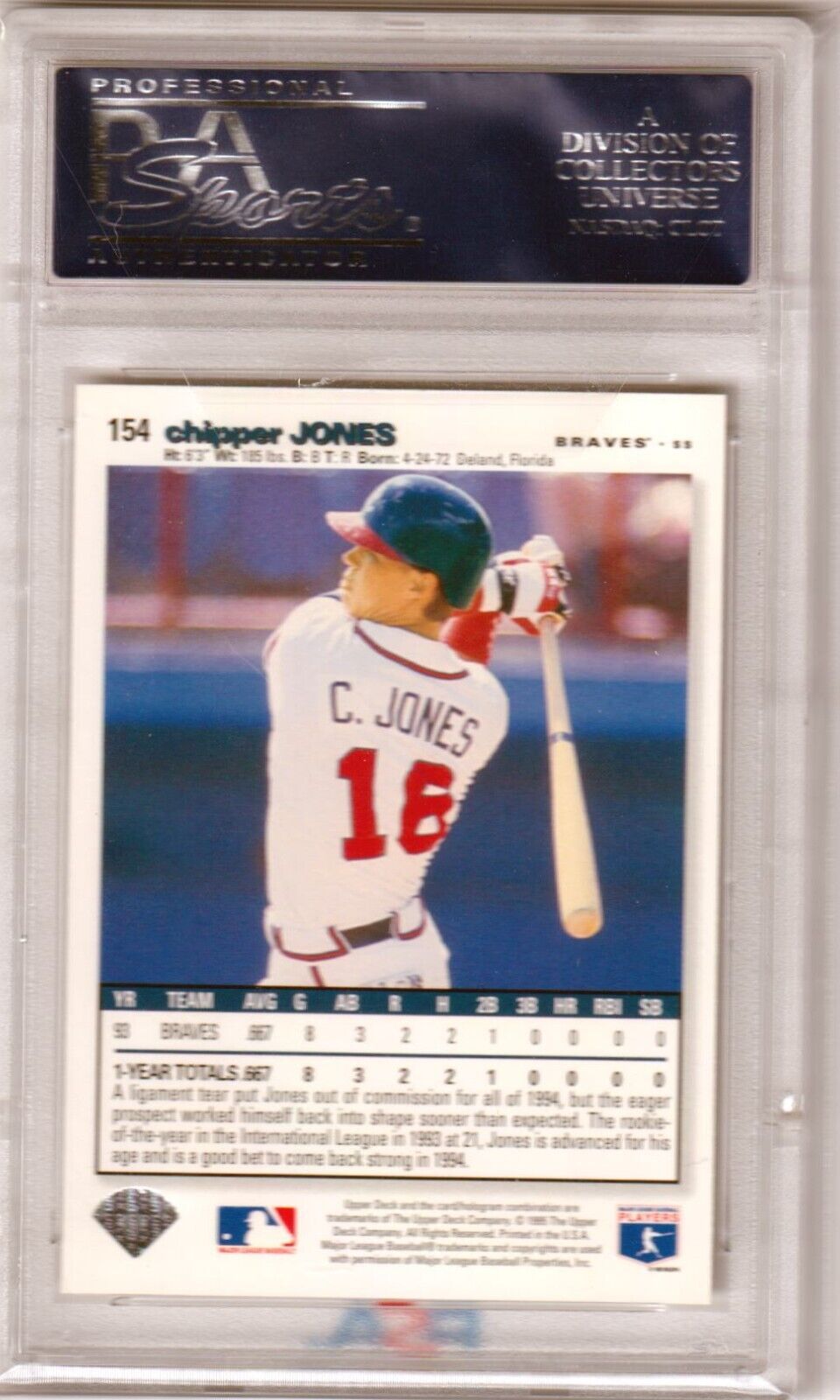 CHIPPER JONES 1995 Upper Deck Collector's Choice #154 PSA 10 GEM MINT - BRAVES - Columbia Hobby - Sports Card Boxes - Toploaders - Card Savers