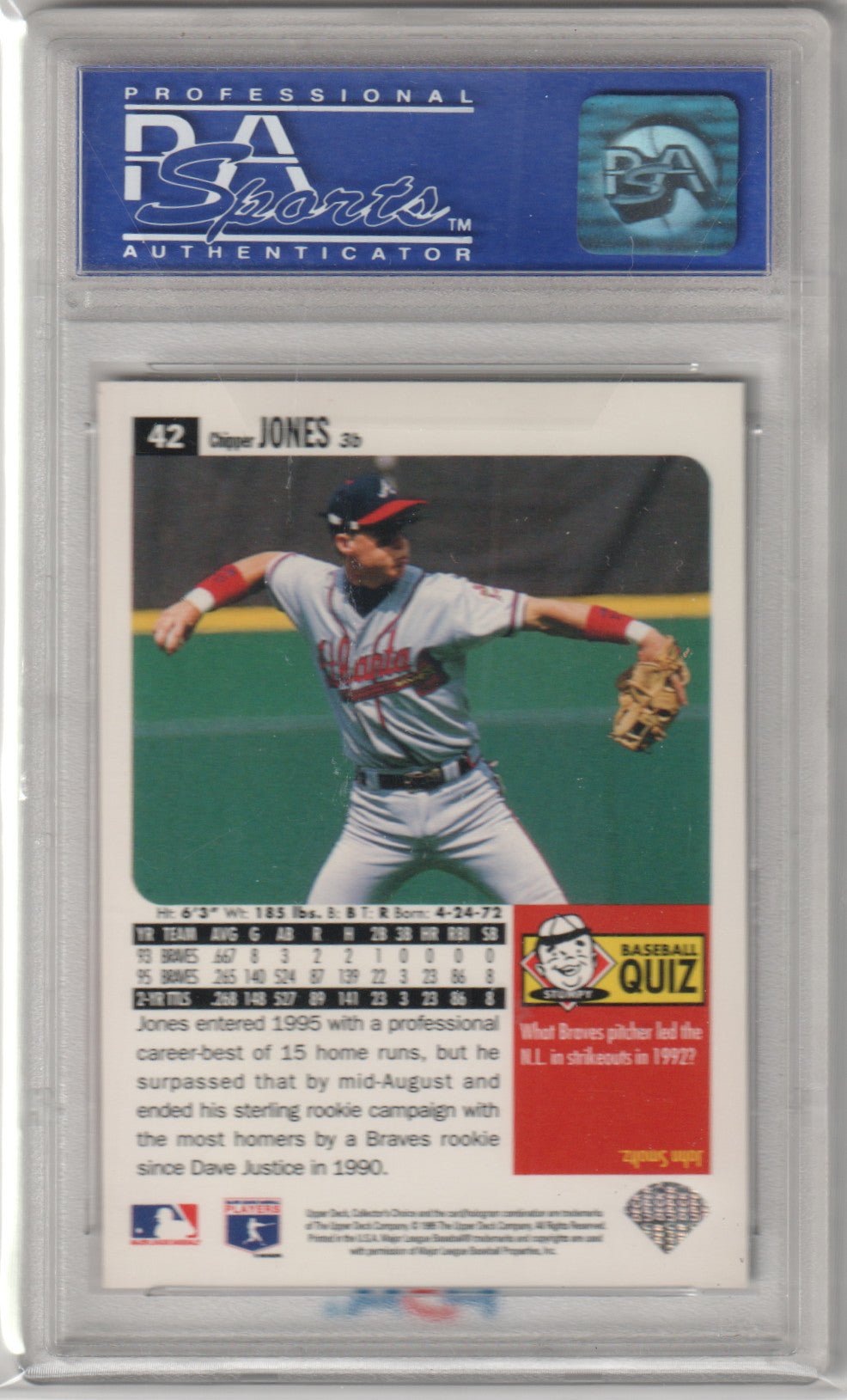 CHIPPER JONES 1996 Upper Deck Collector's Choice #42 PSA 8 NM - MT - BRAVES - Columbia Hobby - Sports Card Boxes - Toploaders - Card Savers