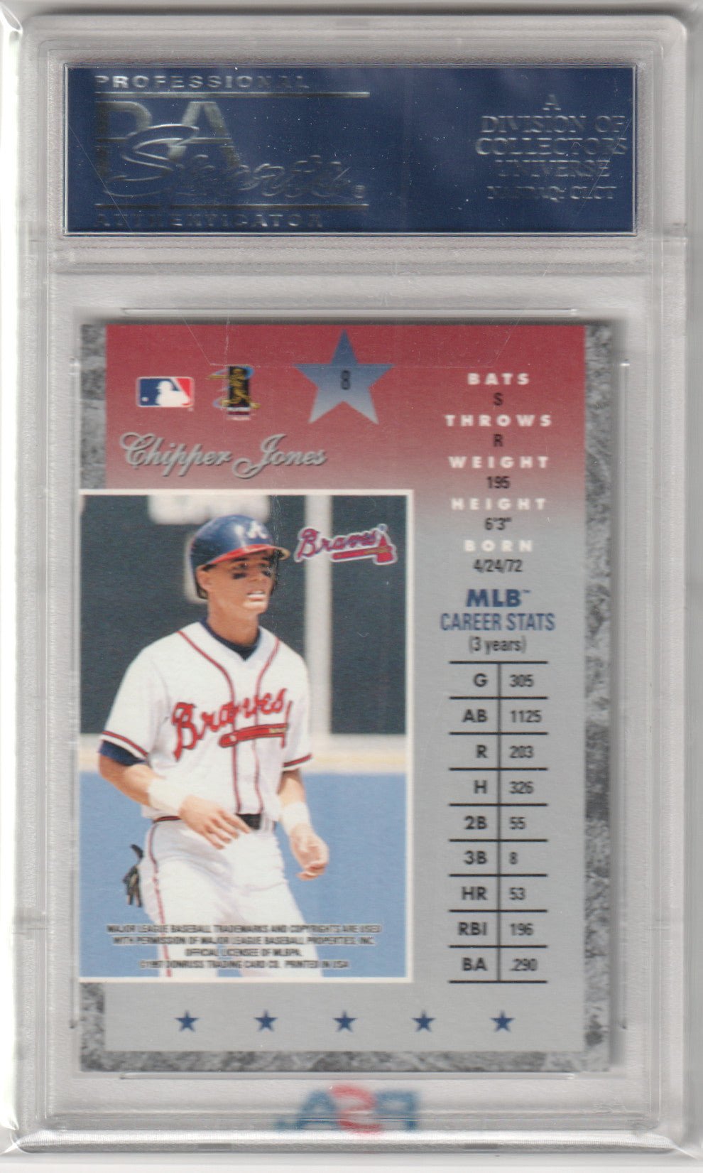 CHIPPER JONES 1997 Donruss Elite #8 PSA 10 GEM MINT - BRAVES Pop 10 - Columbia Hobby - Sports Card Boxes - Toploaders - Card Savers