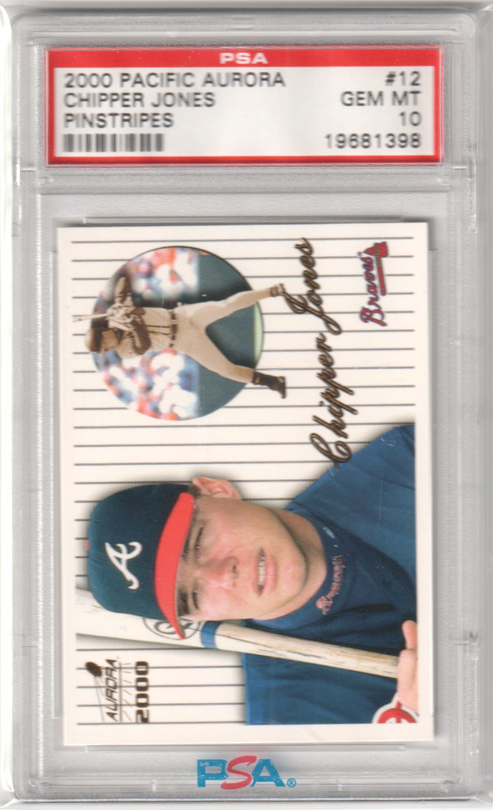 CHIPPER JONES 2000 Pacific Aurora #12 Pinstripes PSA 10 GEM MINT - BRAVES Pop 2 - Columbia Hobby - Sports Card Boxes - Toploaders - Card Savers