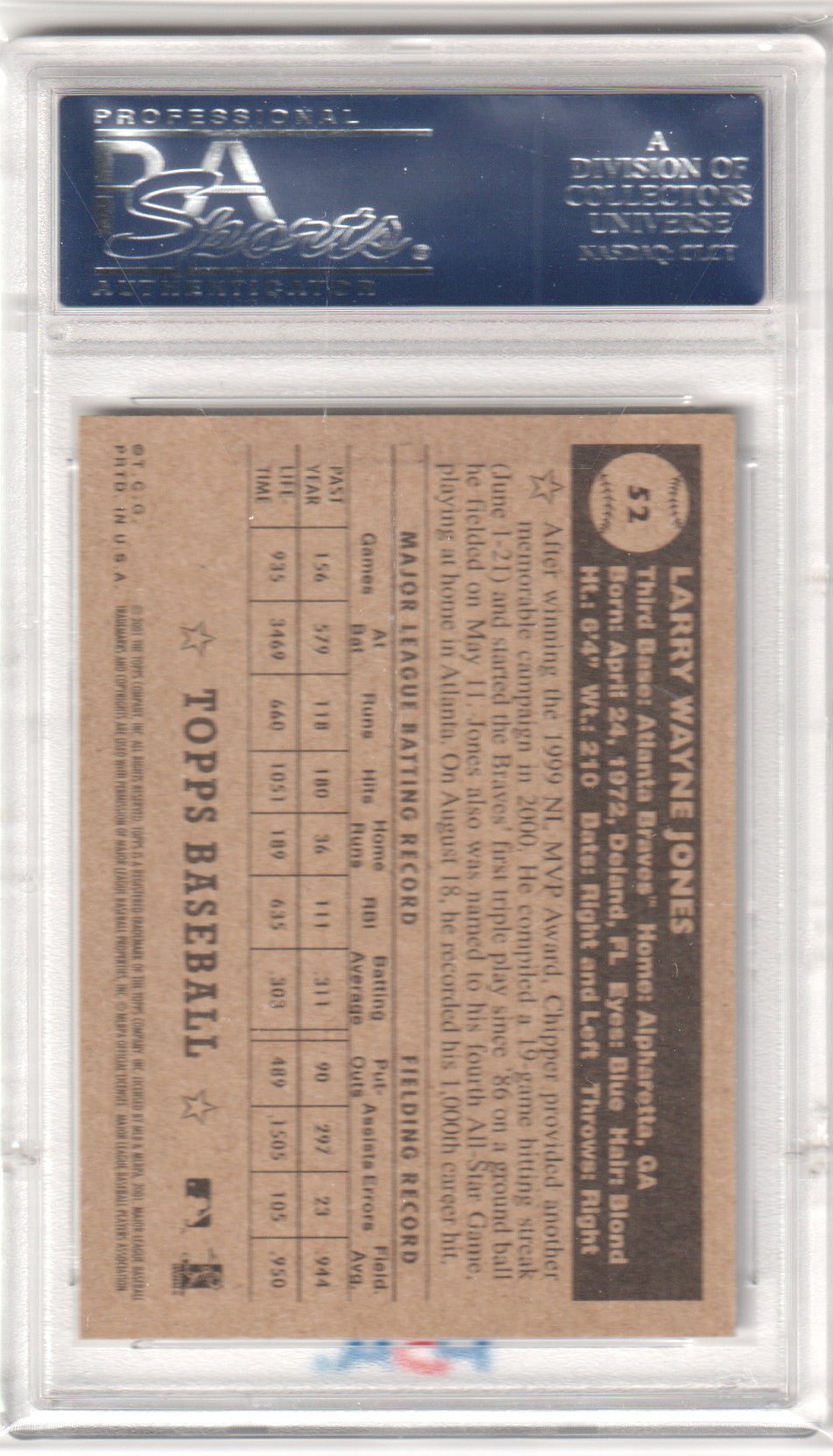 CHIPPER JONES 2001 Topps Heritage #52 Black Back PSA 10 GEM MINT - BRAVES Pop 7 - Columbia Hobby - Sports Card Boxes - Toploaders - Card Savers