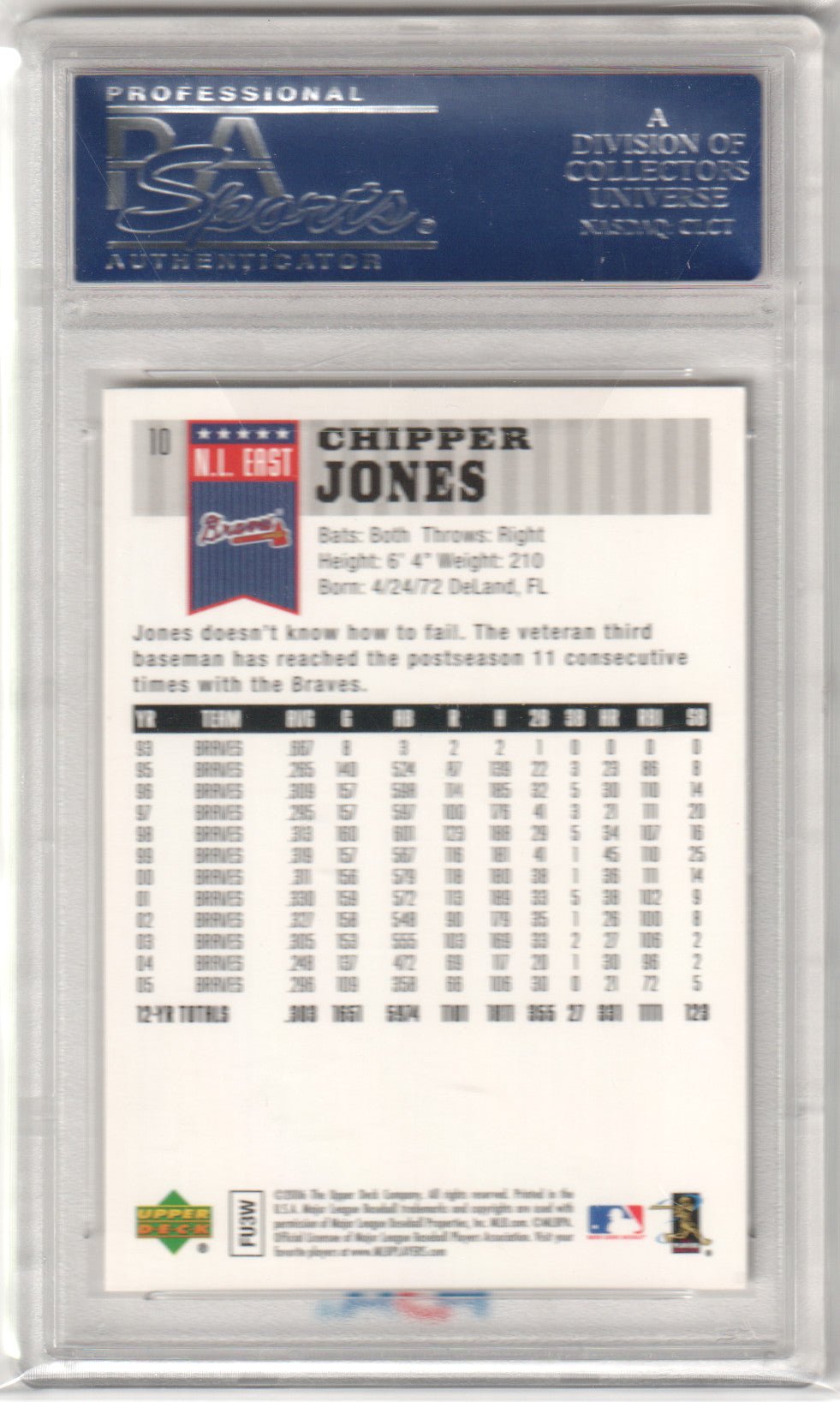 CHIPPER JONES 2006 Upper Deck First Pitch #10 PSA 10 GEM MINT - BRAVES Pop 4 - Columbia Hobby - Sports Card Boxes - Toploaders - Card Savers