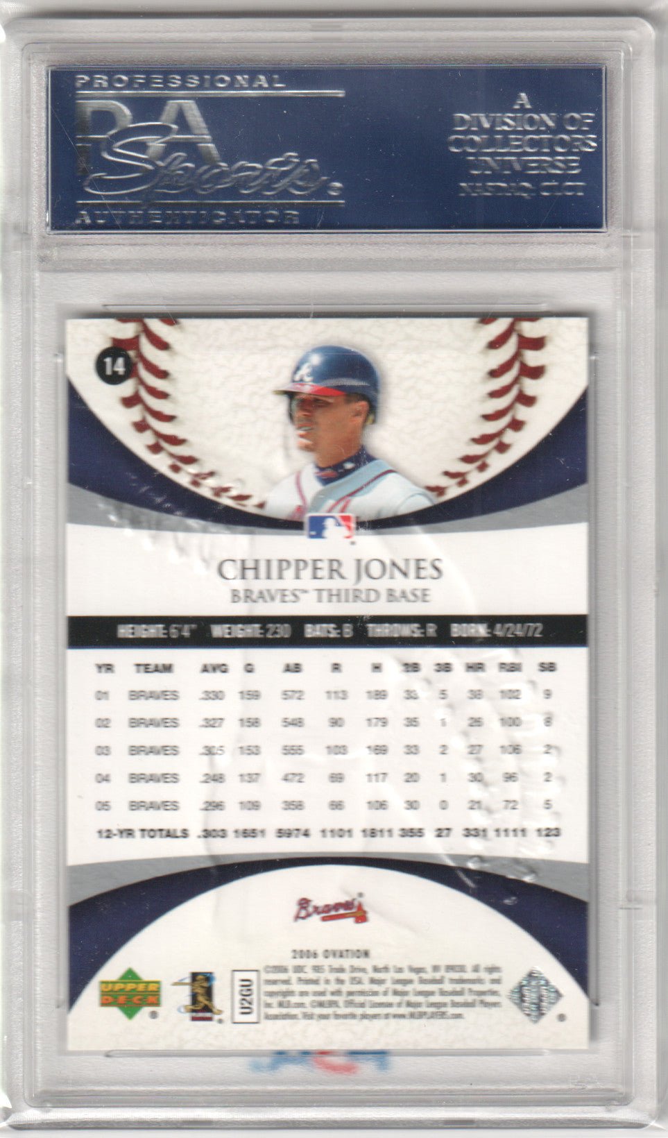 CHIPPER JONES 2006 Upper Deck Ovation #14 PSA 10 GEM MINT - BRAVES Pop 11 - Columbia Hobby - Sports Card Boxes - Toploaders - Card Savers