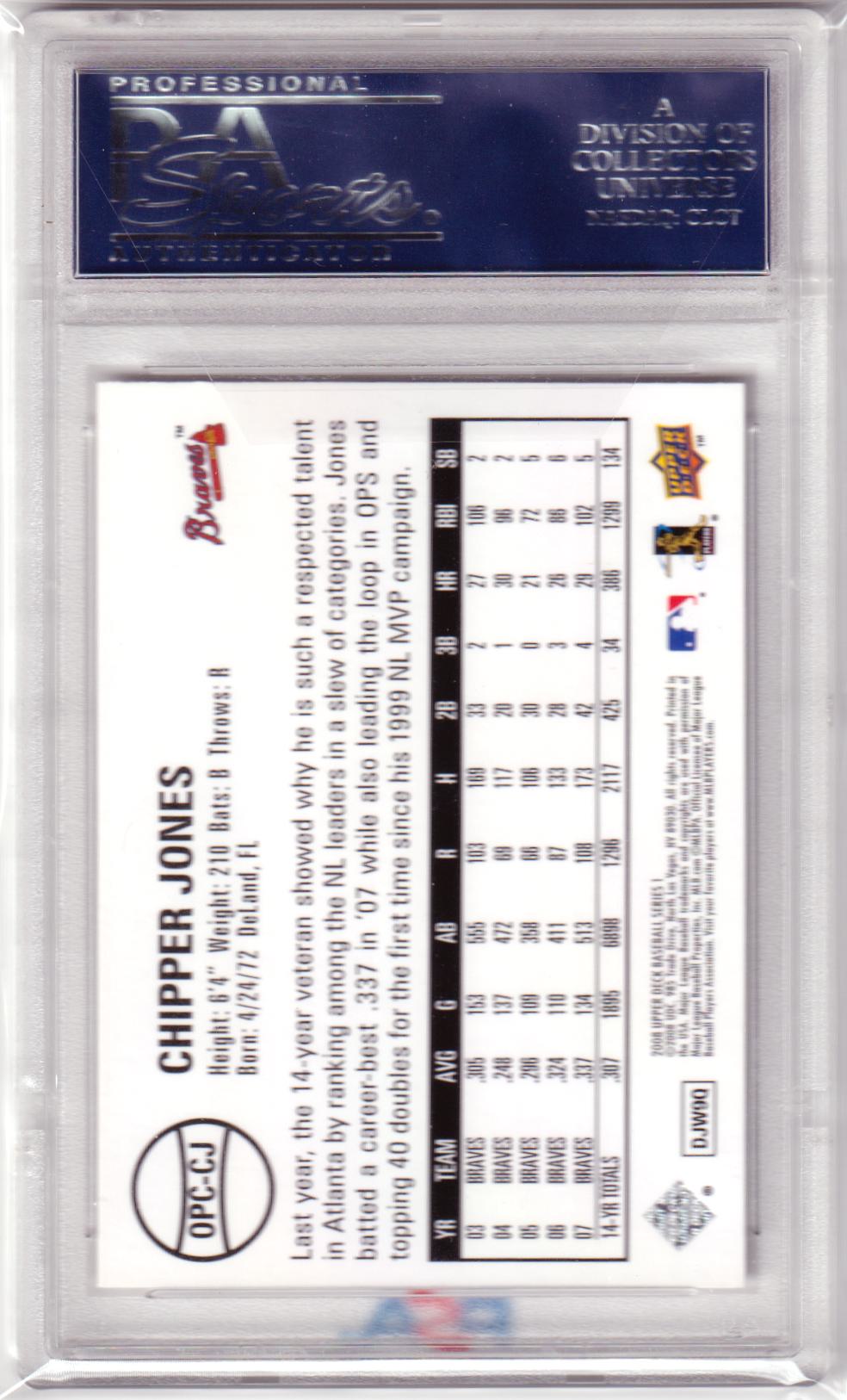 CHIPPER JONES 2008 Upper Deck 1969 O - Pee - Chee PSA 10 GEM MINT - BRAVES Pop 2 - Columbia Hobby - Sports Card Boxes - Toploaders - Card Savers