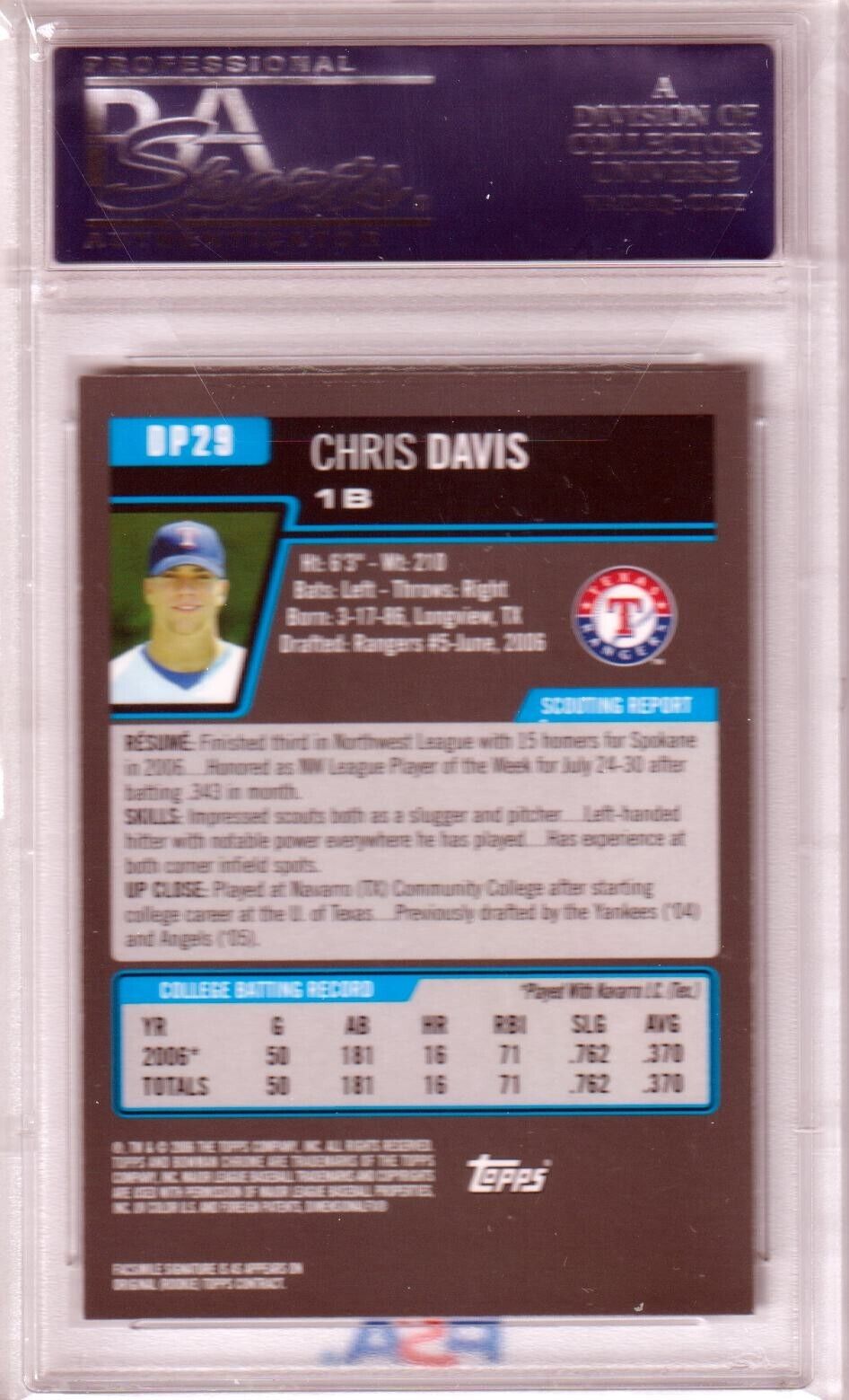 CHRIS DAVIS 2006 Bowman Chrome Draft Picks RC Rookis #DP29 PSA 10 GEM MINT - Columbia Hobby - Sports Card Boxes - Toploaders - Card Savers