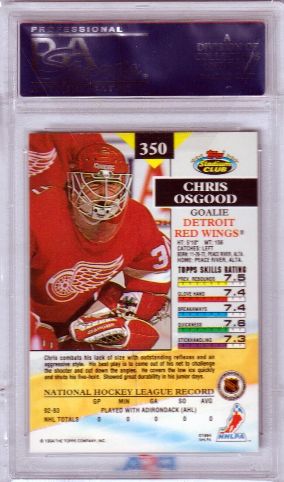 CHRIS OSGOOD 1993 Topps Stadium Club Rookie RC #350 PSA 10 GEM MINT - RED WINGS - Columbia Hobby - Sports Card Boxes - Toploaders - Card Savers