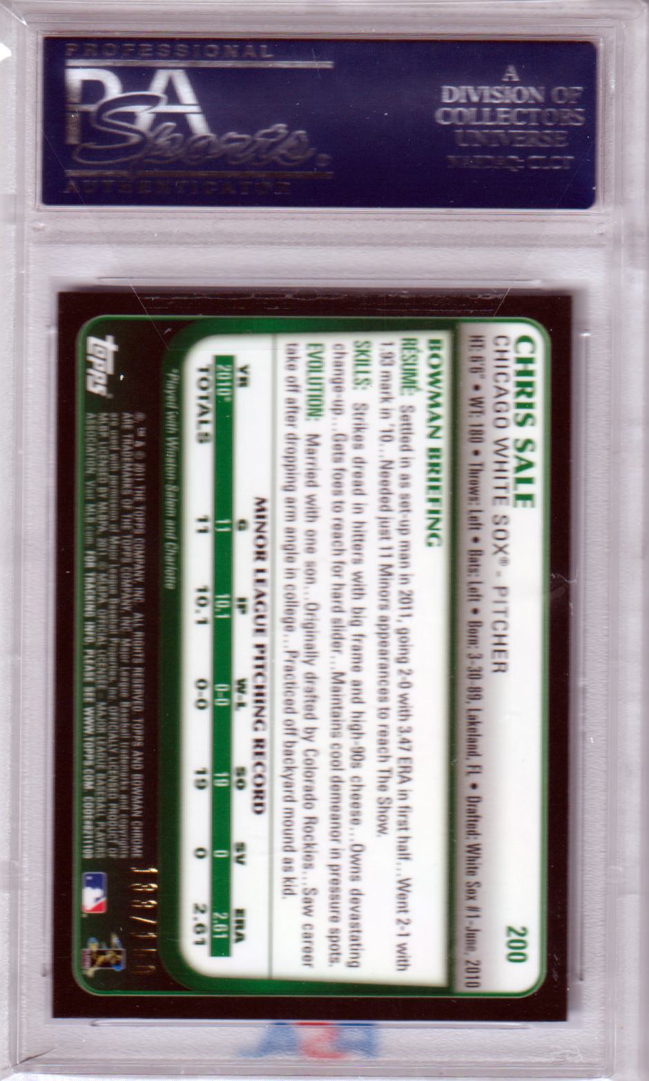 CHRIS SALES 2011 Bowman Chrome Rookie RC Blue Refractor #/150 PSA 9 MINT - Columbia Hobby - Sports Card Boxes - Toploaders - Card Savers