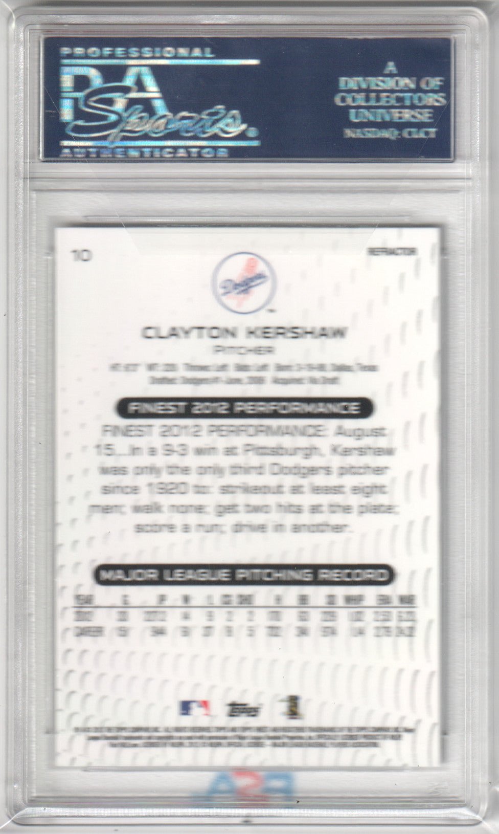 CLAYTON KERSHAW 2013 Finest #10 Refractor PSA 10 GEM MINT - DODGERS Pop 17 - Columbia Hobby - Sports Card Boxes - Toploaders - Card Savers