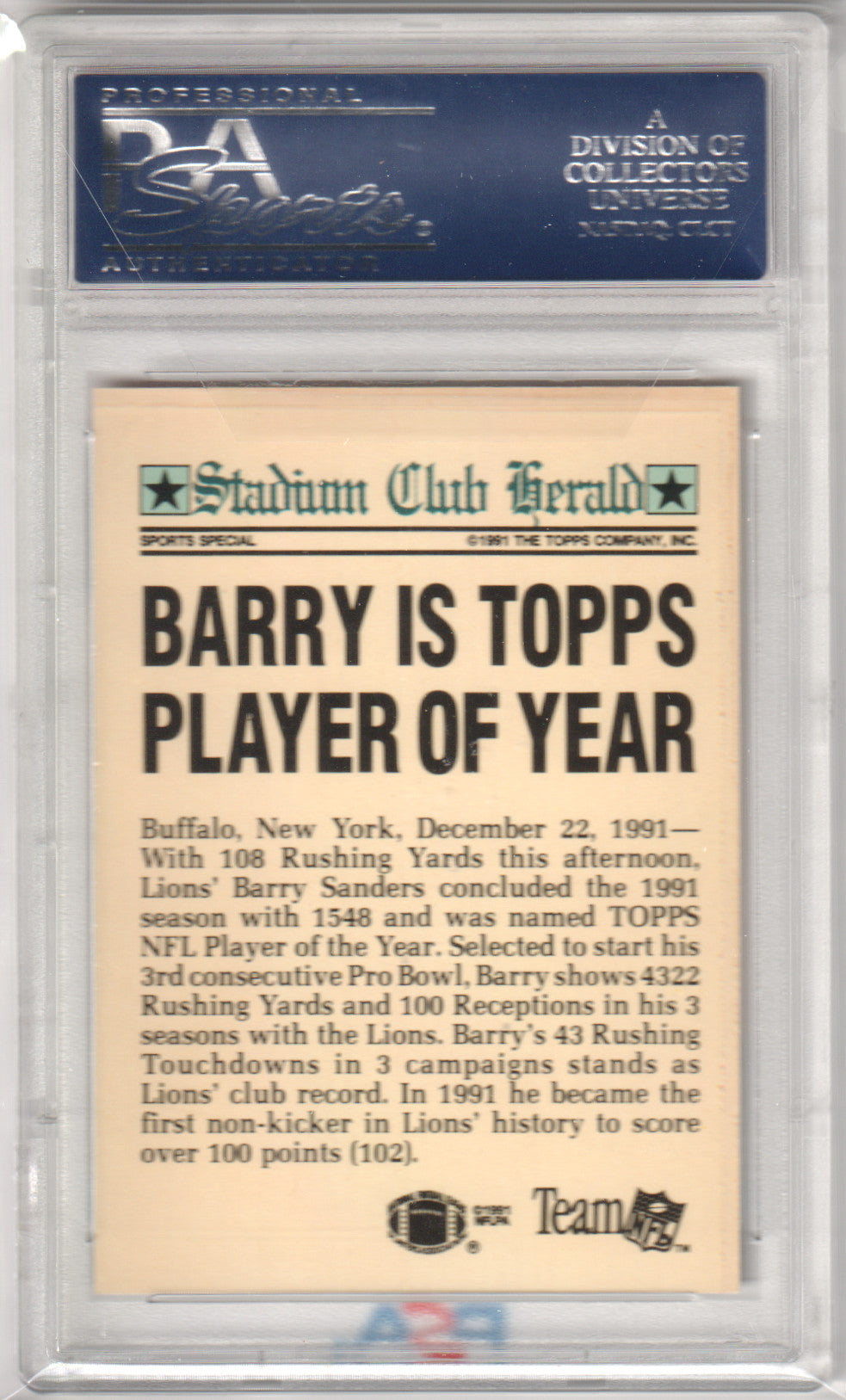 BARRY SANDERS 1991 Topps Stadium Club Members Only PSA 10 GEM MINT - LIONS