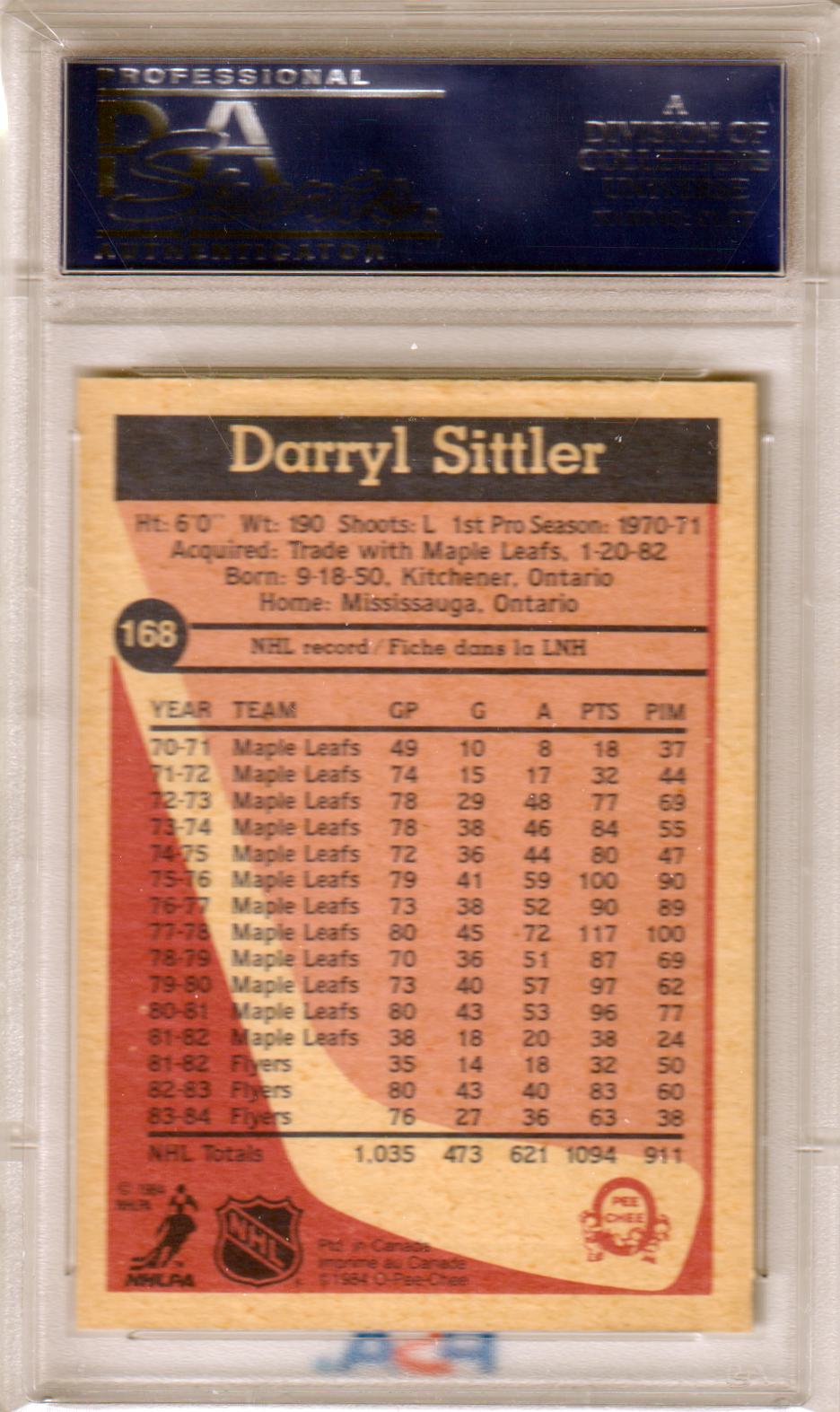 DARRYL SITTLER 1984 - 85 O - Pee - Chee #168 PSA 9 MINT - RED WINGS - Columbia Hobby - Sports Card Boxes - Toploaders - Card Savers