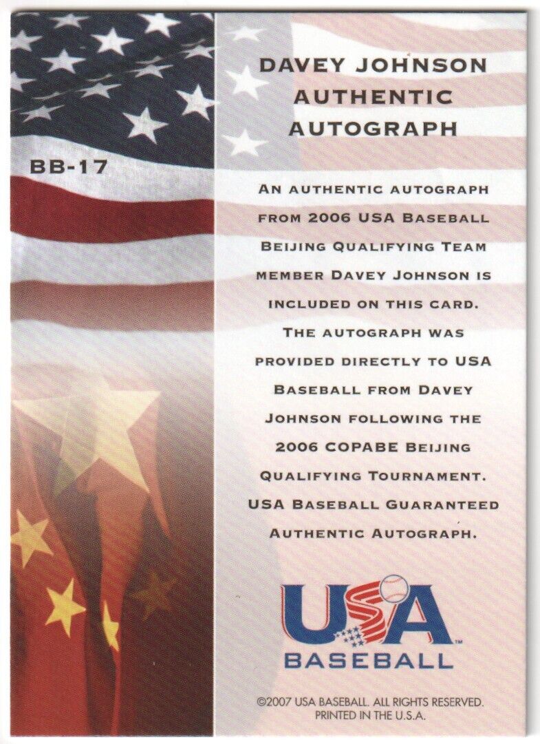 DAVEY JOHNSON 2007 USA Baseball Red Autograph Auto SP #/50 TEAM USA - Columbia Hobby - Sports Card Boxes - Toploaders - Card Savers