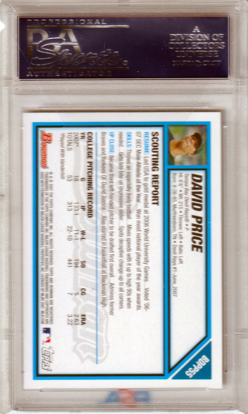 DAVID PRICE 2007 Bowman Draft Picks 1st RC Rookie #BDPP55 PSA 10 GEM MINT RAYS - Columbia Hobby - Sports Card Boxes - Toploaders - Card Savers