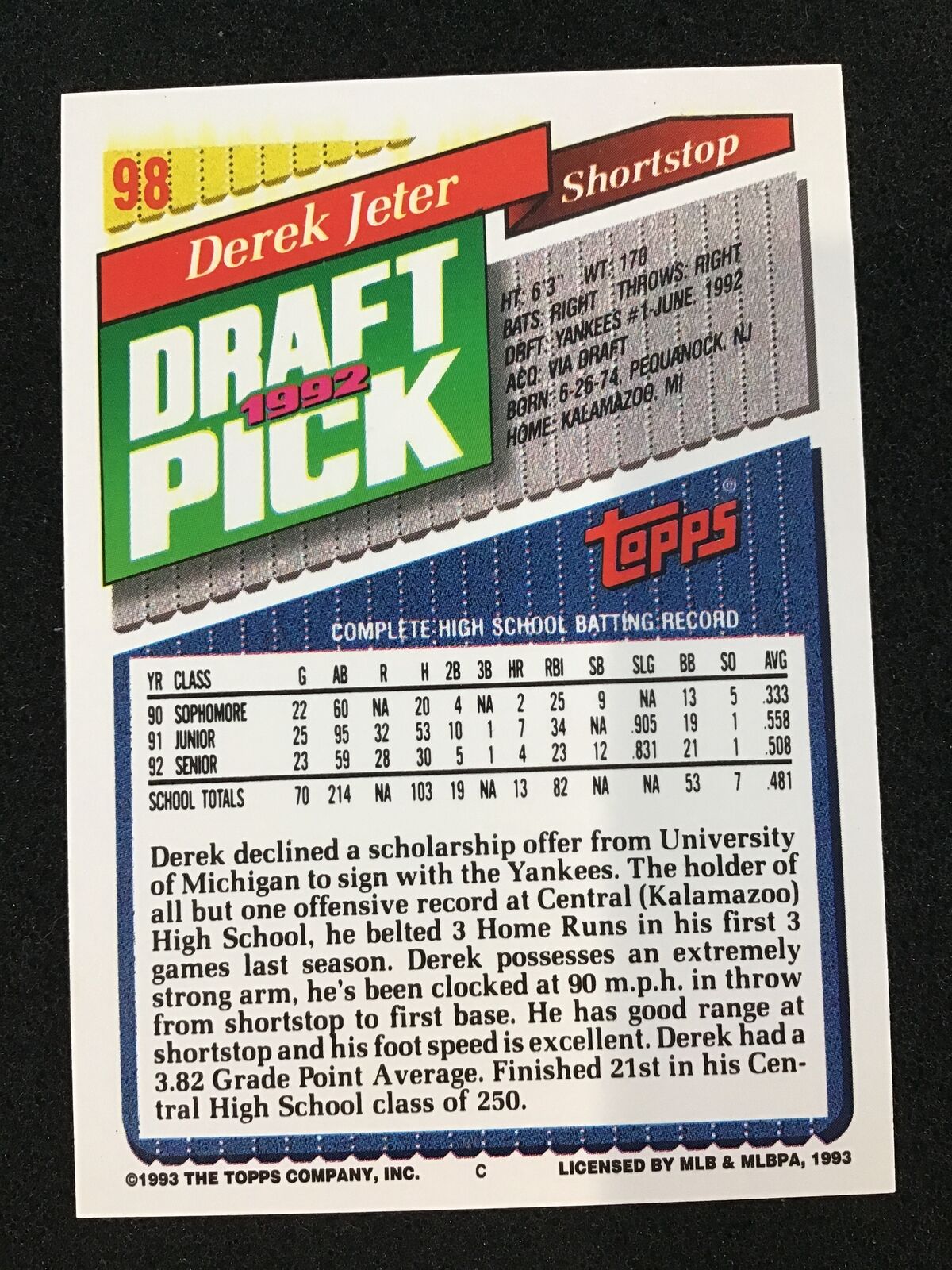 Derek Jeter 1993 Topps #98 RC Rookie HOF New York Yankees - Columbia Hobby - Sports Card Boxes - Toploaders - Card Savers