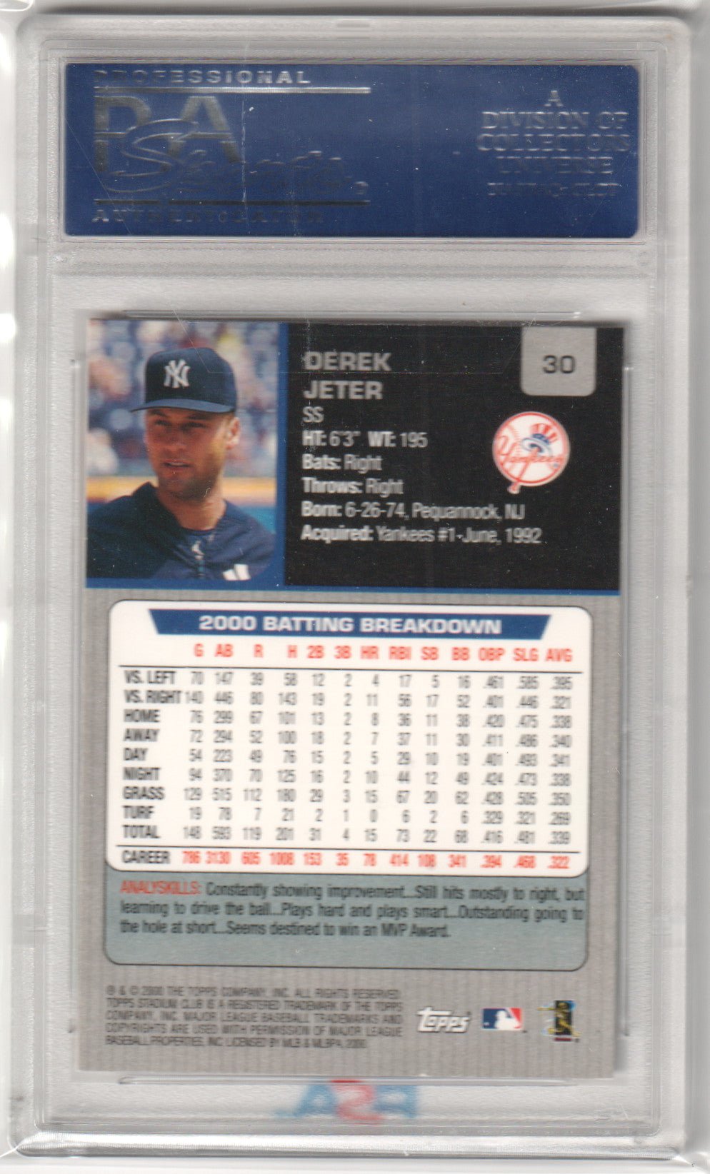 DEREK JETER 2001 Topps Stadium Club #30 PSA 10 GEM MINT - YANKEES - Columbia Hobby - Sports Card Boxes - Toploaders - Card Savers