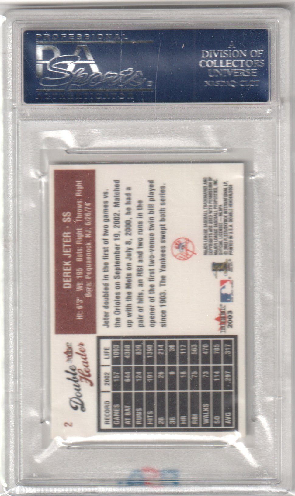 DEREK JETER 2003 Fleer Double Header #2 PSA 10 GEM MINT - YANKEES - Columbia Hobby - Sports Card Boxes - Toploaders - Card Savers