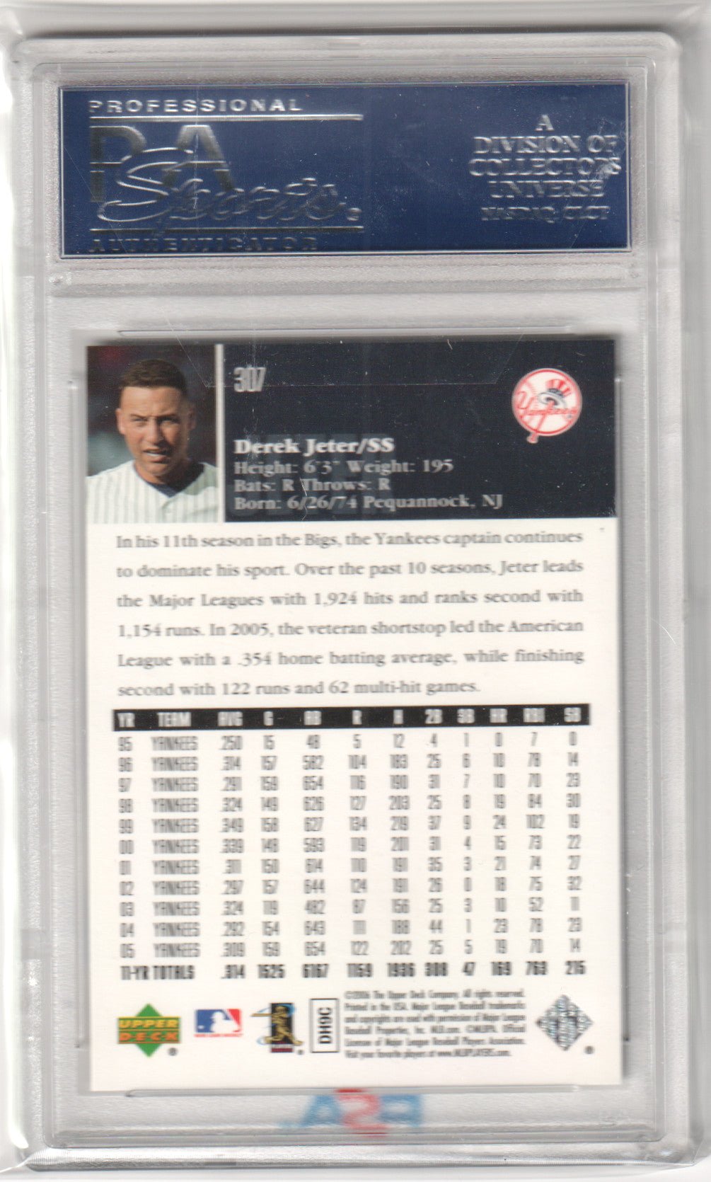 DEREK JETER 2006 Upper Deck #307 PSA 10 GEM MINT - YANKEES - Columbia Hobby - Sports Card Boxes - Toploaders - Card Savers