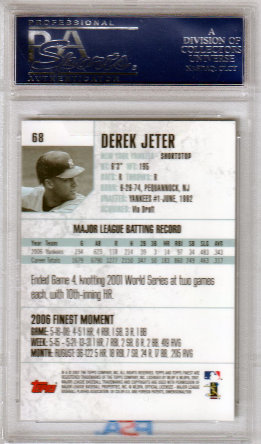 DEREK JETER 2007 Finest #68 PSA 10 GEM MINT - YANKEES - Columbia Hobby - Sports Card Boxes - Toploaders - Card Savers