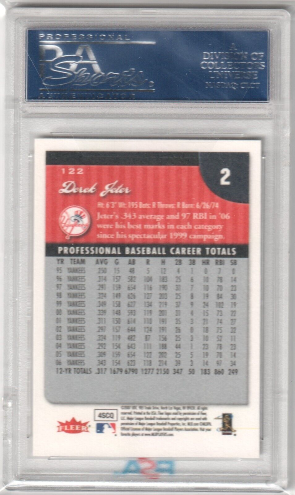 DEREK JETER 2007 Fleer #122 PSA 10 GEM MINT - YANKEES - Columbia Hobby - Sports Card Boxes - Toploaders - Card Savers