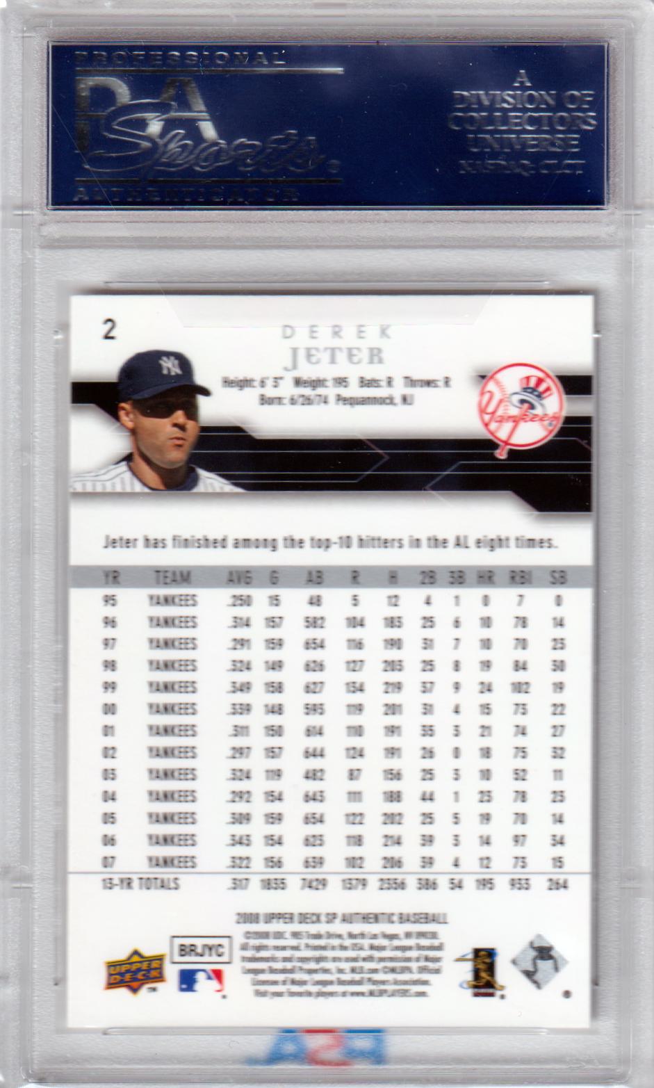 DEREK JETER 2008 Upper Deck SP Authentic #2 PSA 10 GEM MINT - YANKEES - Columbia Hobby - Sports Card Boxes - Toploaders - Card Savers