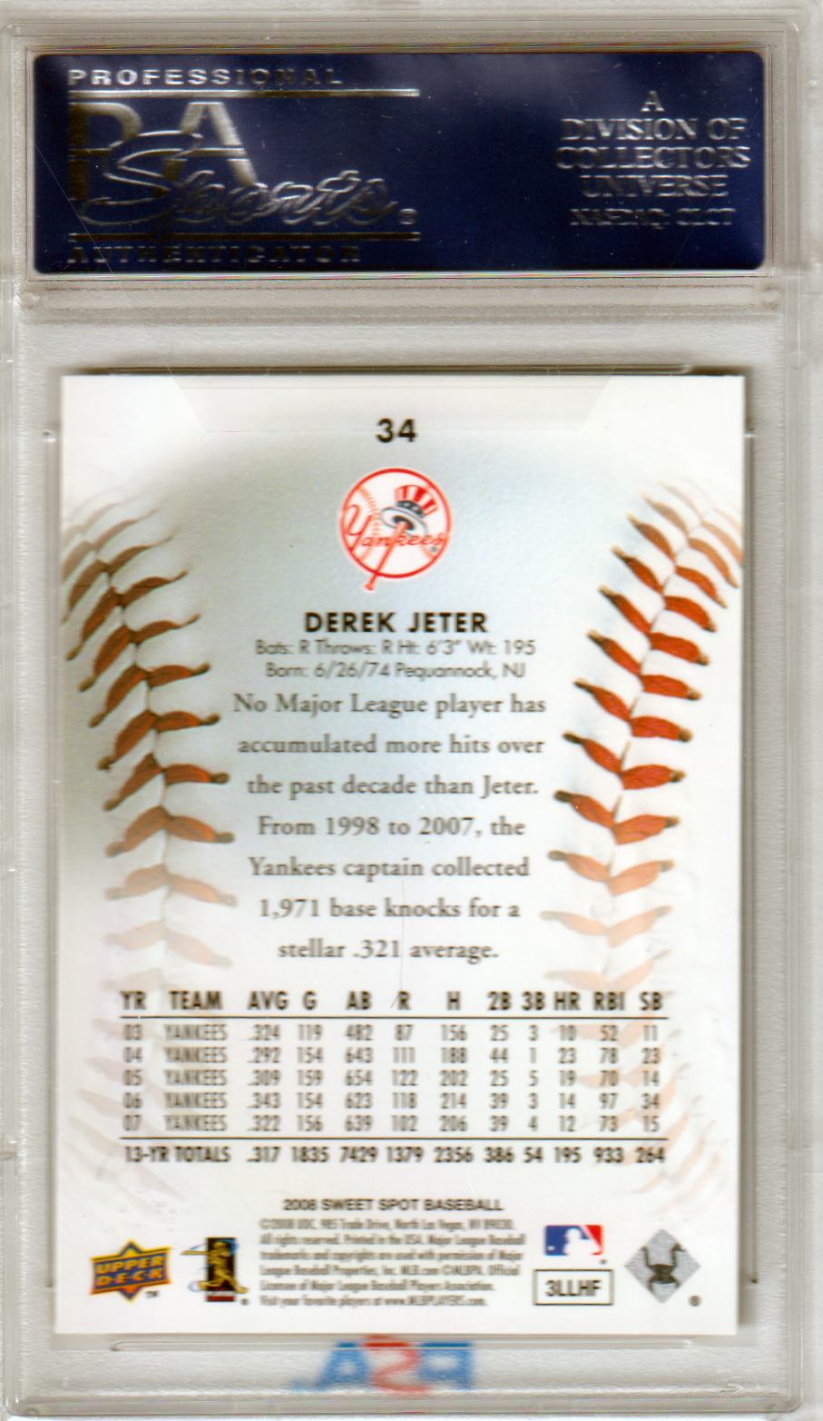 DEREK JETER 2008 Upper Deck Sweet Spot #34 PSA 10 GEM MINT - YANKEES - Columbia Hobby - Sports Card Boxes - Toploaders - Card Savers