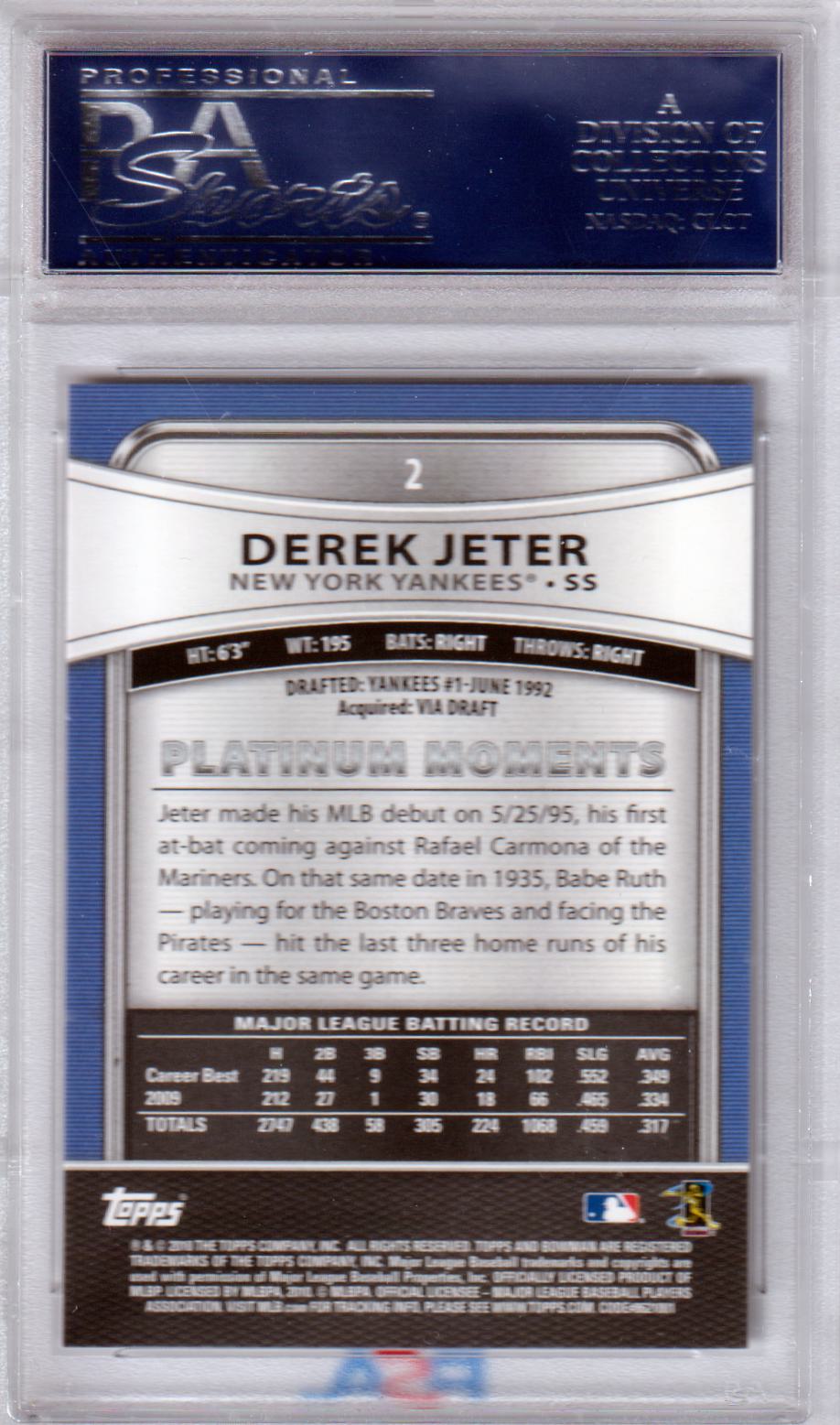 DEREK JETER 2010 Bowman Platinum #2 PSA 10 GEM MINT - YANKEES - Columbia Hobby - Sports Card Boxes - Toploaders - Card Savers
