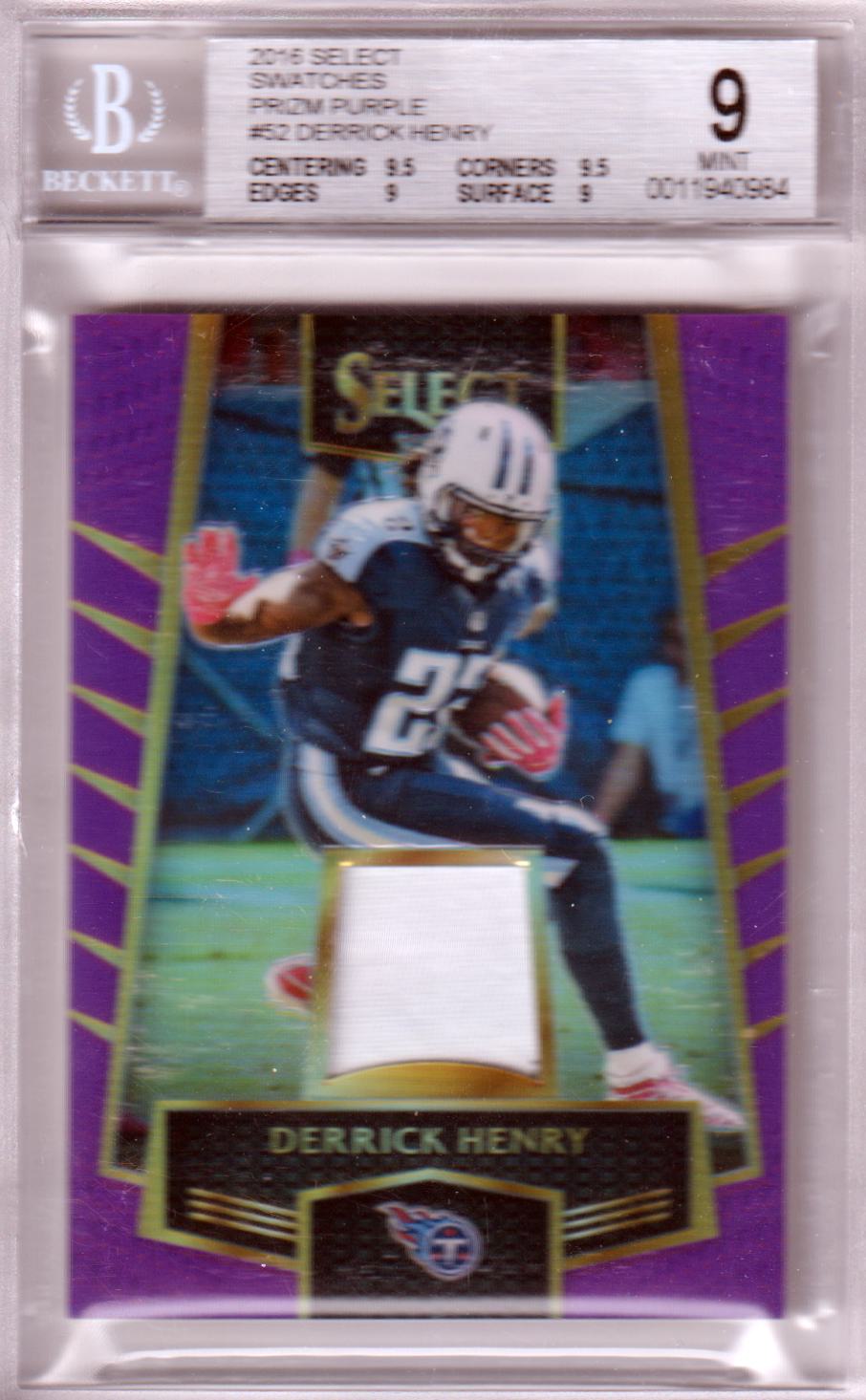 DERRICK HENRY 2016 Select RC Rookie Swatches Prizm Purple #52 BGS 9 Pop 1 - Columbia Hobby - Sports Card Boxes - Toploaders - Card Savers