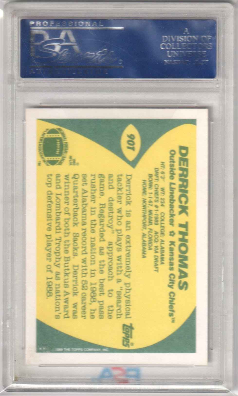 DERRICK THOMAS 1989 Topps Traded 90T PSA 10 GEM MINT - CHIEFS - Columbia Hobby - Sports Card Boxes - Toploaders - Card Savers