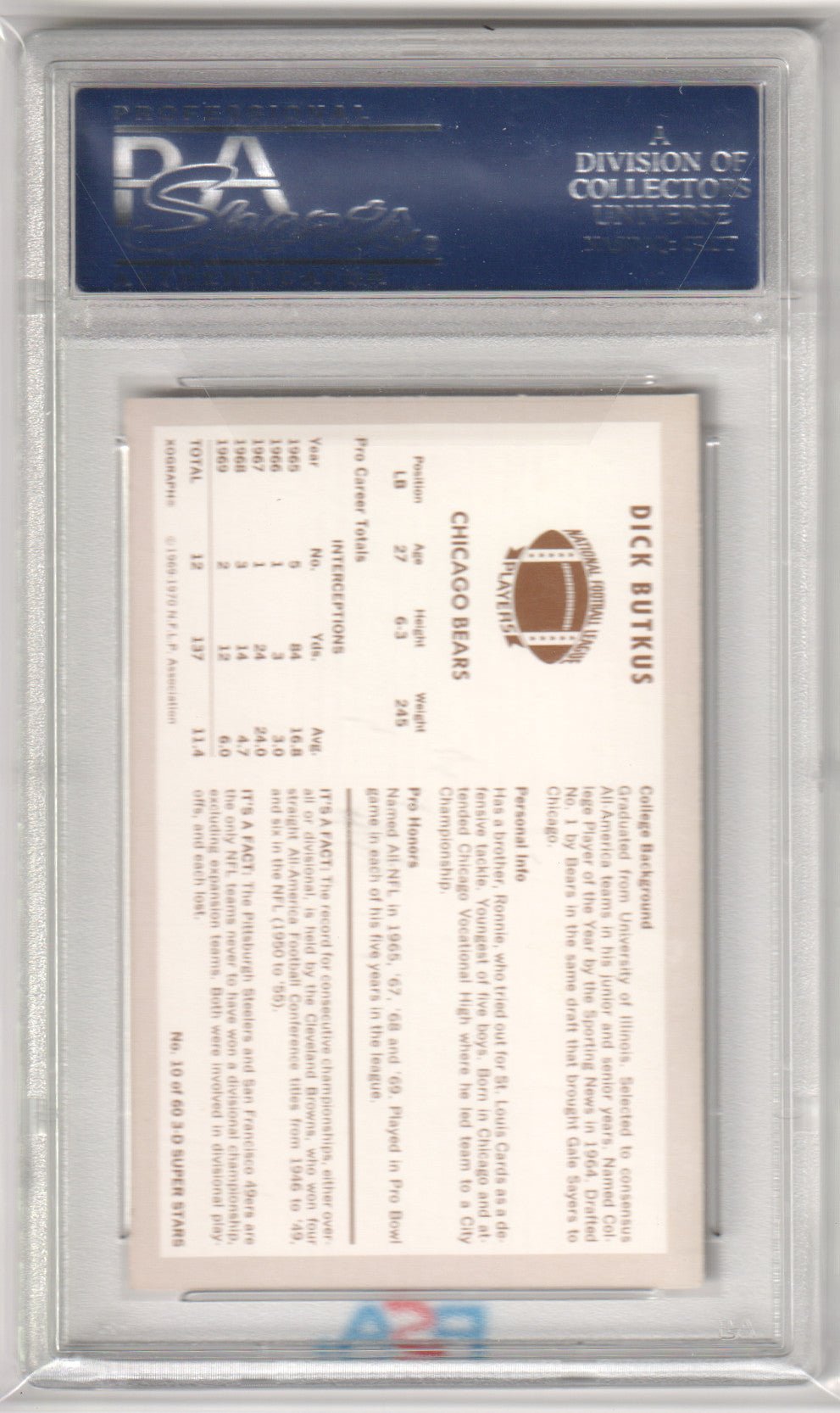 DICK BUTKUS 1970 Kellogg's 10 PSA 8 NM - MT - BEARS - Columbia Hobby - Sports Card Boxes - Toploaders - Card Savers
