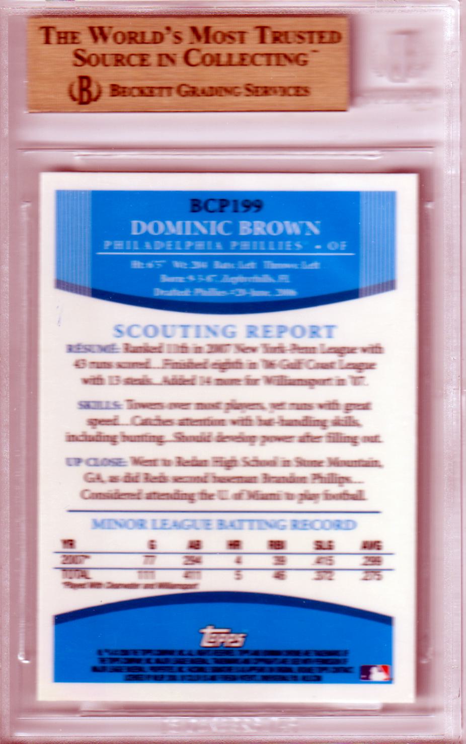 DOMINIC BROWN 2008 Bowman Chrome RC Rookie #BCP199 BGS 9.5 GEM MINT PHILLIES - Columbia Hobby - Sports Card Boxes - Toploaders - Card Savers