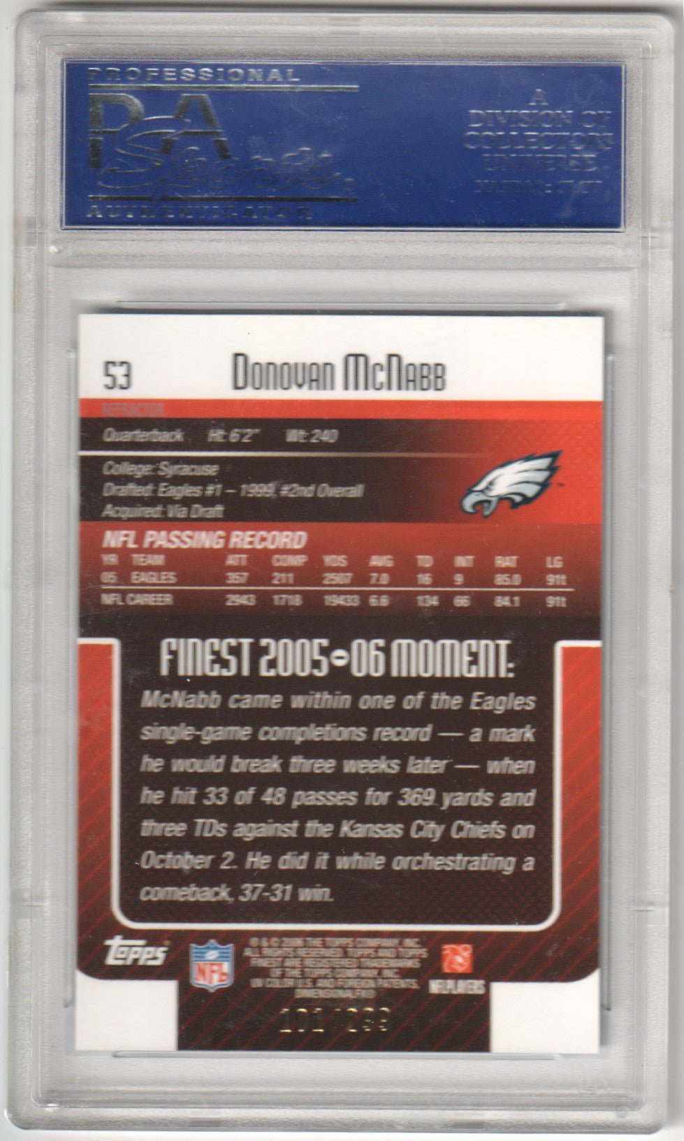 DONOVAN McNABB 2006 Topps Finest 53 Blue Refractor PSA 10 GEM MINT Pop 2 - Columbia Hobby - Sports Card Boxes - Toploaders - Card Savers