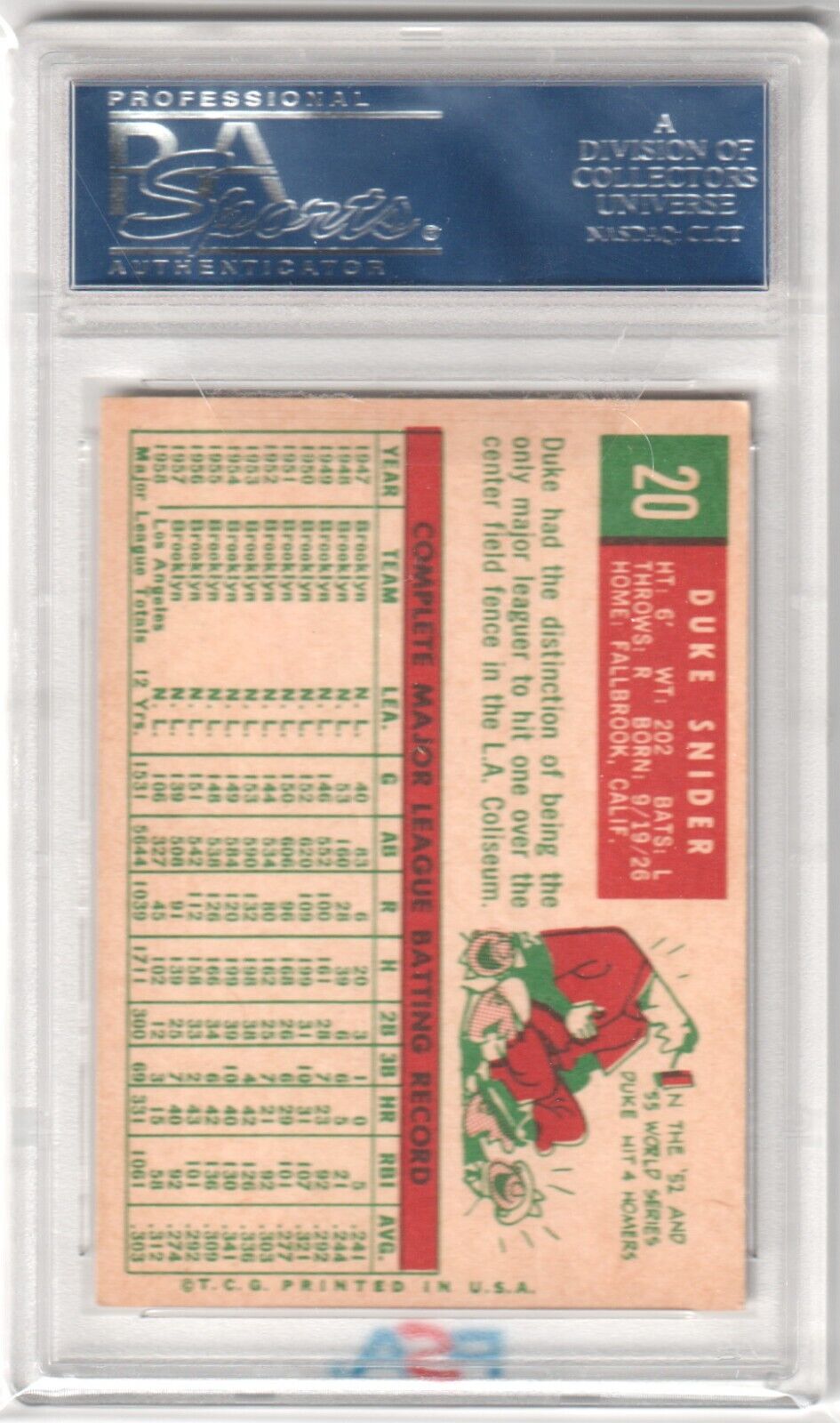 DUKE SNIDER 1959 Topps #20 PSA 7 NM - MT - DODGERS - Columbia Hobby - Sports Card Boxes - Toploaders - Card Savers