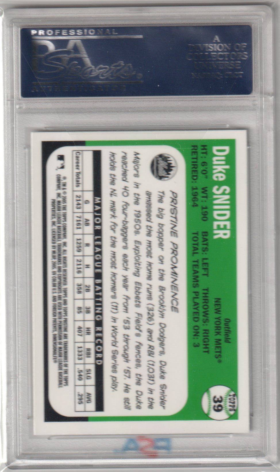 DUKE SNIDER 2005 Topps Pristine Legends Autograph #39 Legends PSA 10 GEM MINT - Columbia Hobby - Sports Card Boxes - Toploaders - Card Savers