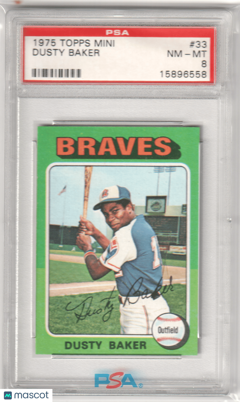 DUSTY BAKER 1975 Topps Mini 33 PSA 8 NM - MT - BRAVES - Columbia Hobby - Sports Card Boxes - Toploaders - Card Savers
