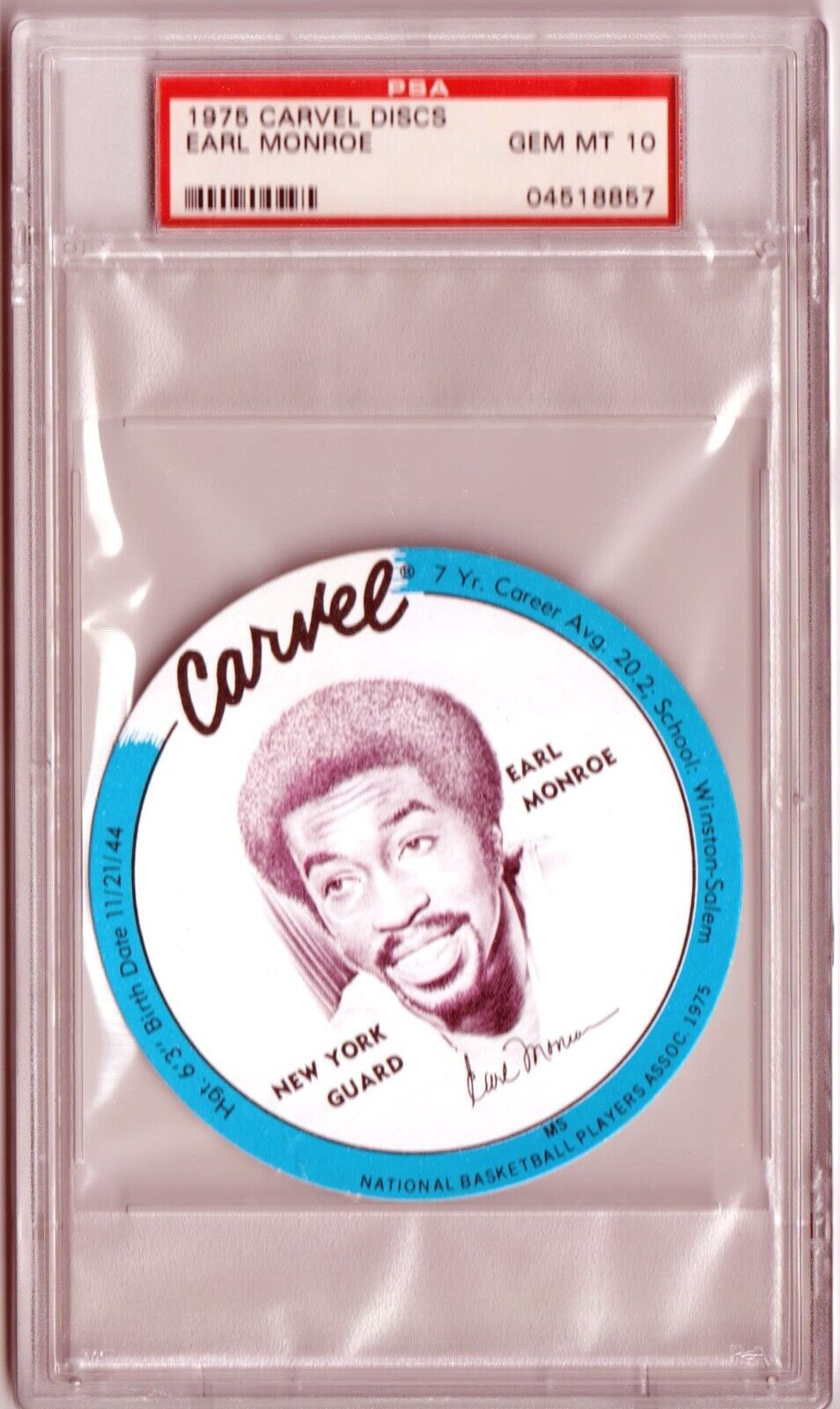 EARL MONROE 1975 Carvel Discs PSA 10 GEM MINT - KNICKS - Columbia Hobby - Sports Card Boxes - Toploaders - Card Savers