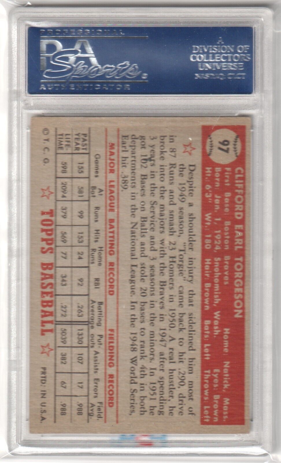 EARL TORGESON 1952 Topps #97 PSA 6 EX - MT - BRAVES - Columbia Hobby - Sports Card Boxes - Toploaders - Card Savers