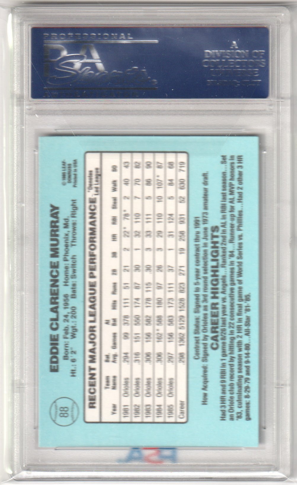 EDDIE MURRAY 1986 Donruss 88 PSA 10 GEM MINT - ORIOLES - Columbia Hobby - Sports Card Boxes - Toploaders - Card Savers