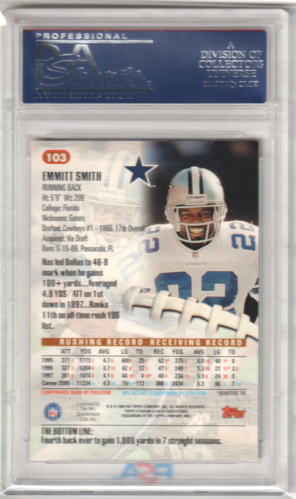 EMMITT SMITH 1998 Topps Stadium Club 103 PSA 10 GEM MINT - COWBOYS - Columbia Hobby - Sports Card Boxes - Toploaders - Card Savers