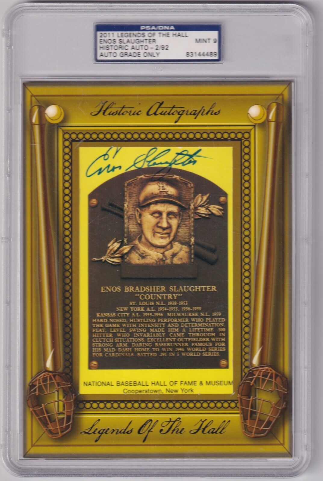 ENOS SLAUGHTER 2011 Legends of the Hall Autograph Auto PSA 9 MINT CARDINALS - Columbia Hobby - Sports Card Boxes - Toploaders - Card Savers